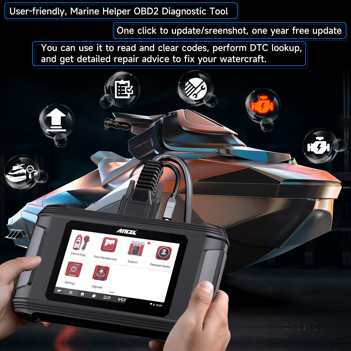 ANCEL MR500 For Yamaha Marine Diagnostic Tool Hours Live Data Fault Code Erase