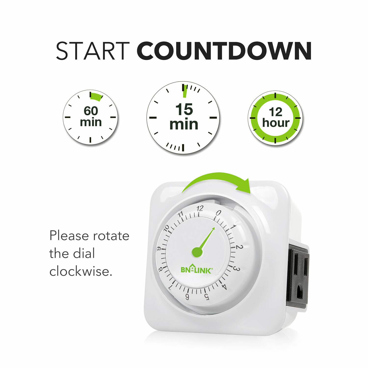BN-LINK 12Hour Mechanical Countdown Grounded Timer 3 Prong Outlet Repeatable