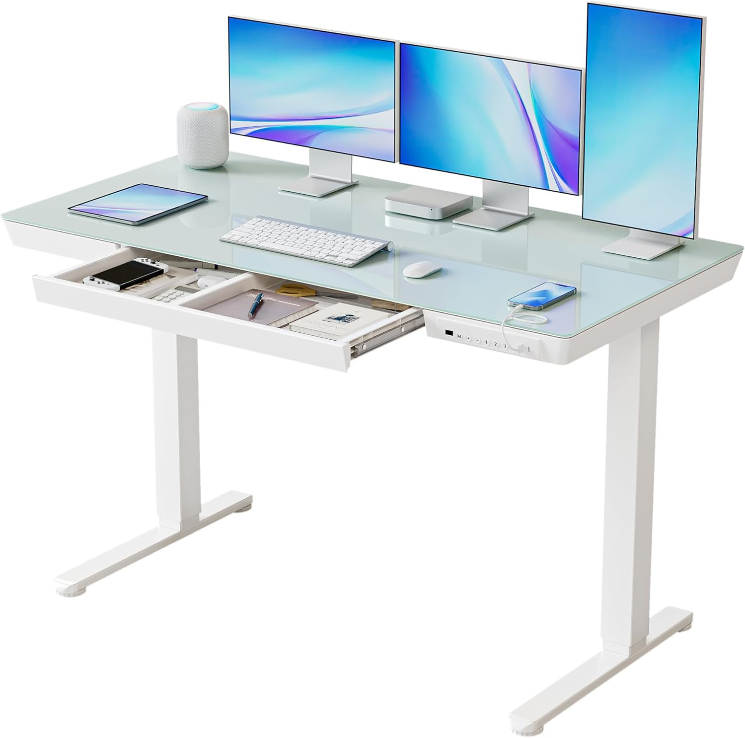 Ergonomic Electric Standing Desk with Drawers, 55" Glass Top, Adjustable Height