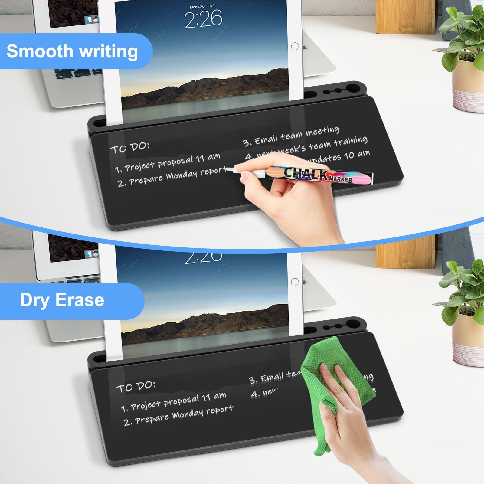 Desktop Glass Whiteboard with Storage, Desk Board with Computer Keyboard Stan...
