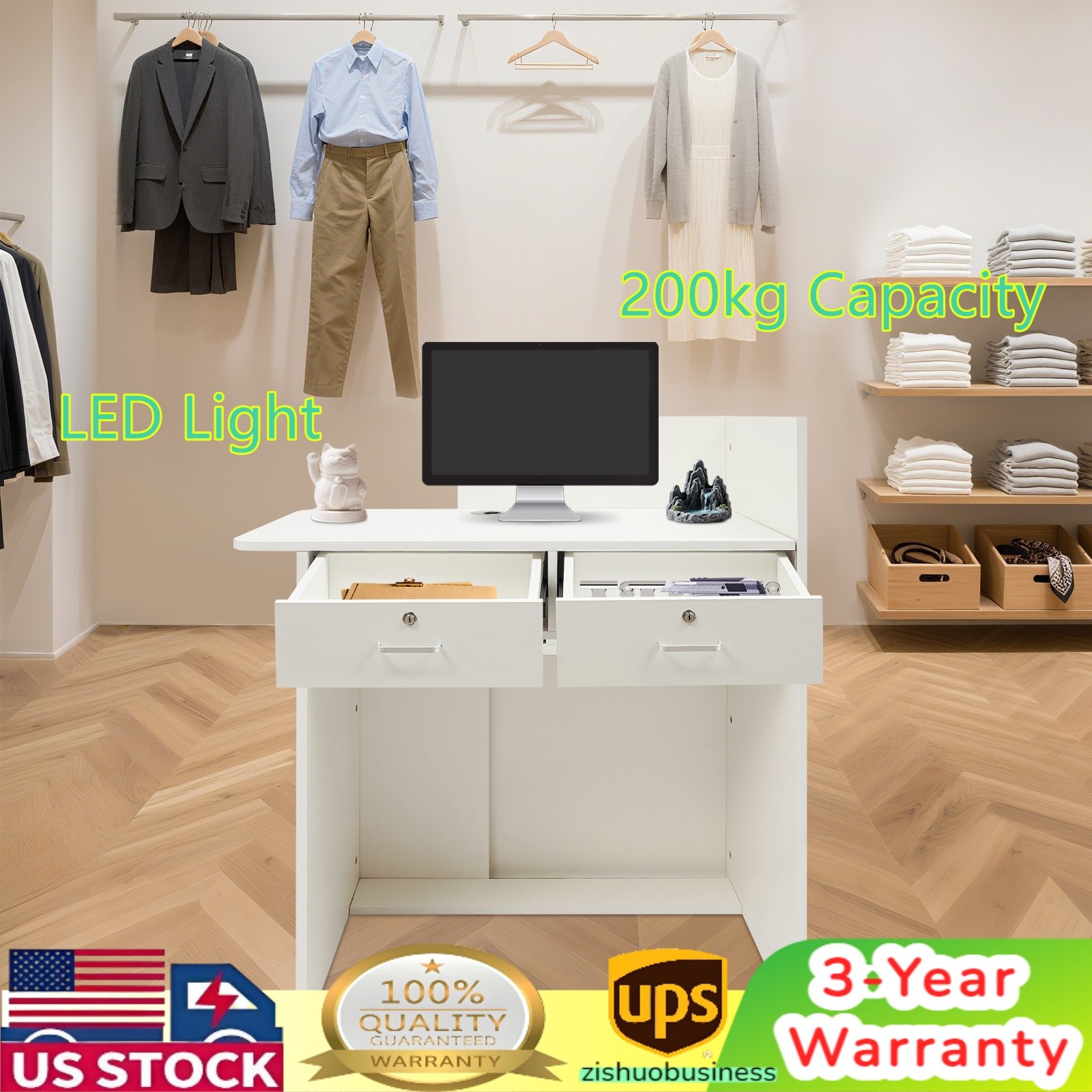 40in LED Reception Desk W/ 2 Drawers White Wooden Checkout Counter Office Retail