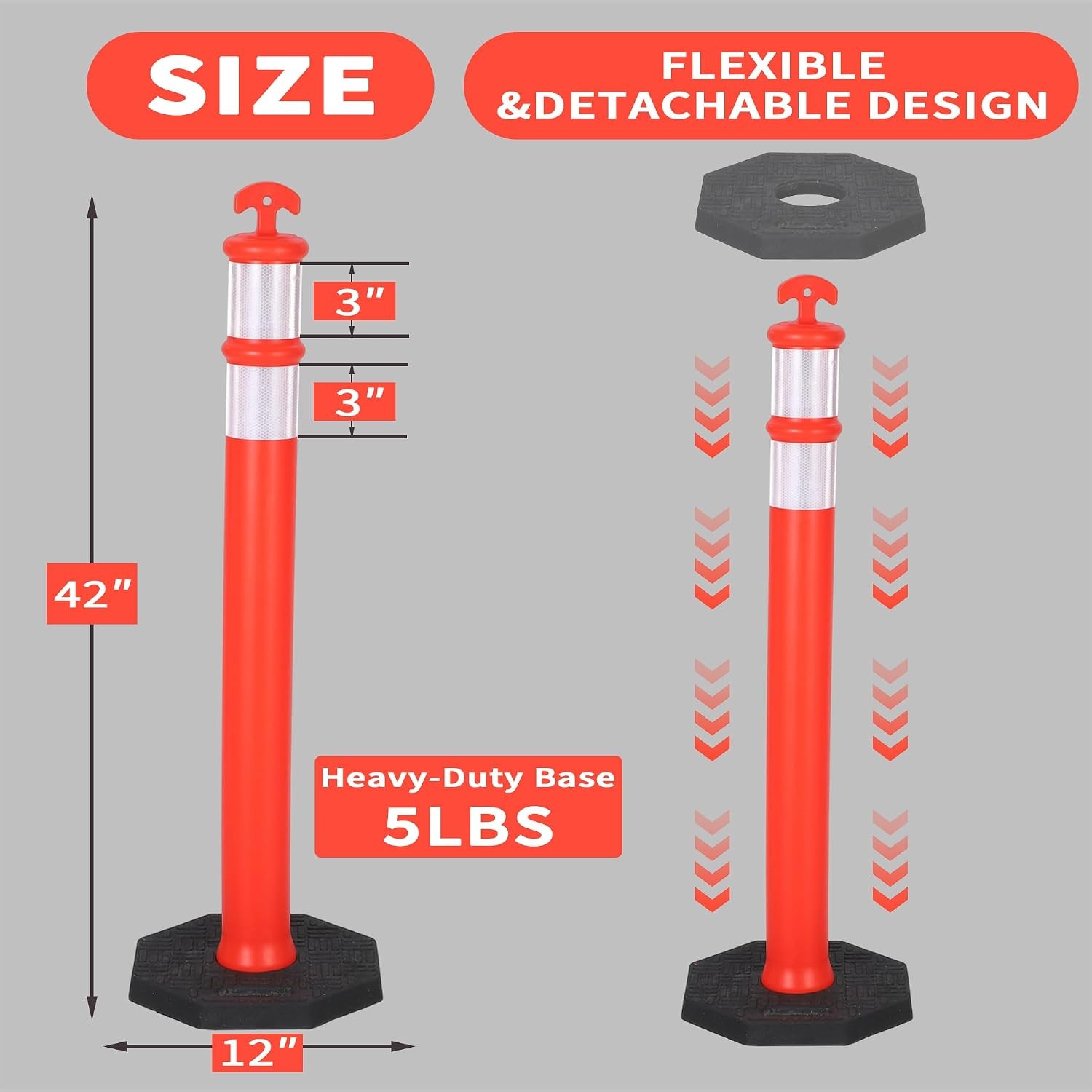 6Pack 42 Inch Delineator Post with Base, Portable Orange Traffic Delineator Post