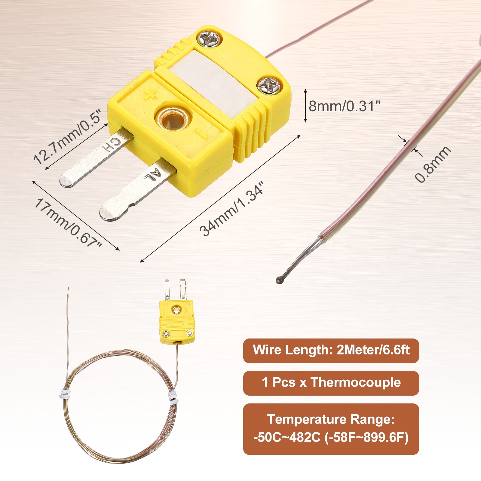 K Type Thermocouple Mini Connector Temperature Sensor 6.6ft, 0.8mm Wire