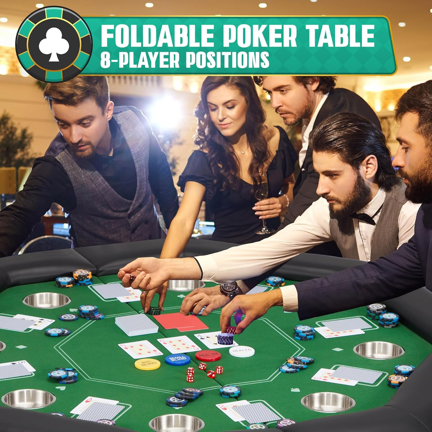 8-Player Poker Table Foldable, Casino Leisure Gaming Table with Padded Rails & S