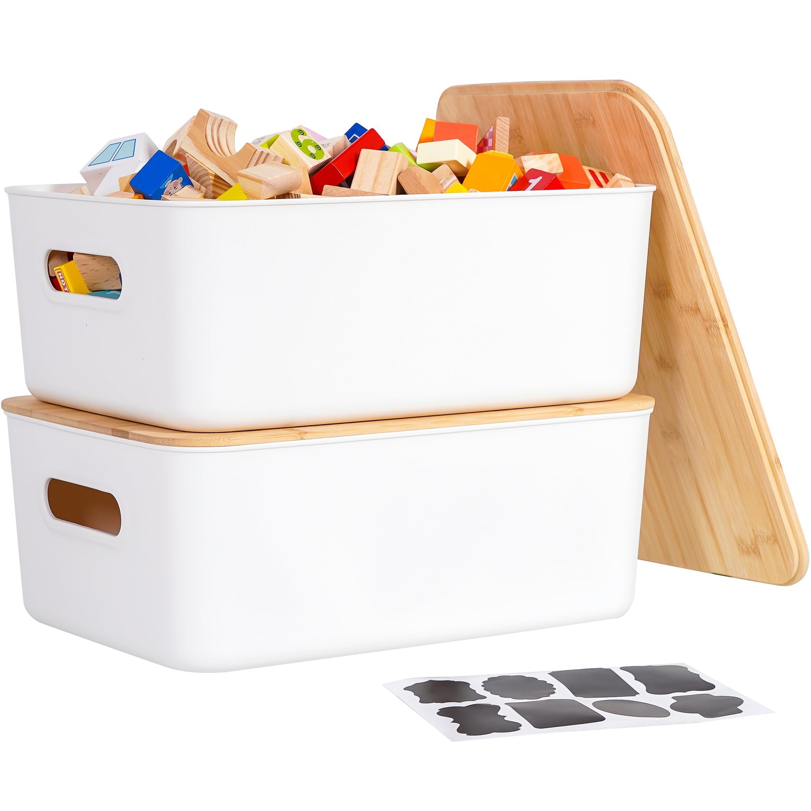 Citylife Bamboo Lid Storage Bins, 16QT, Stackable Organizer Boxes, 2 Pack