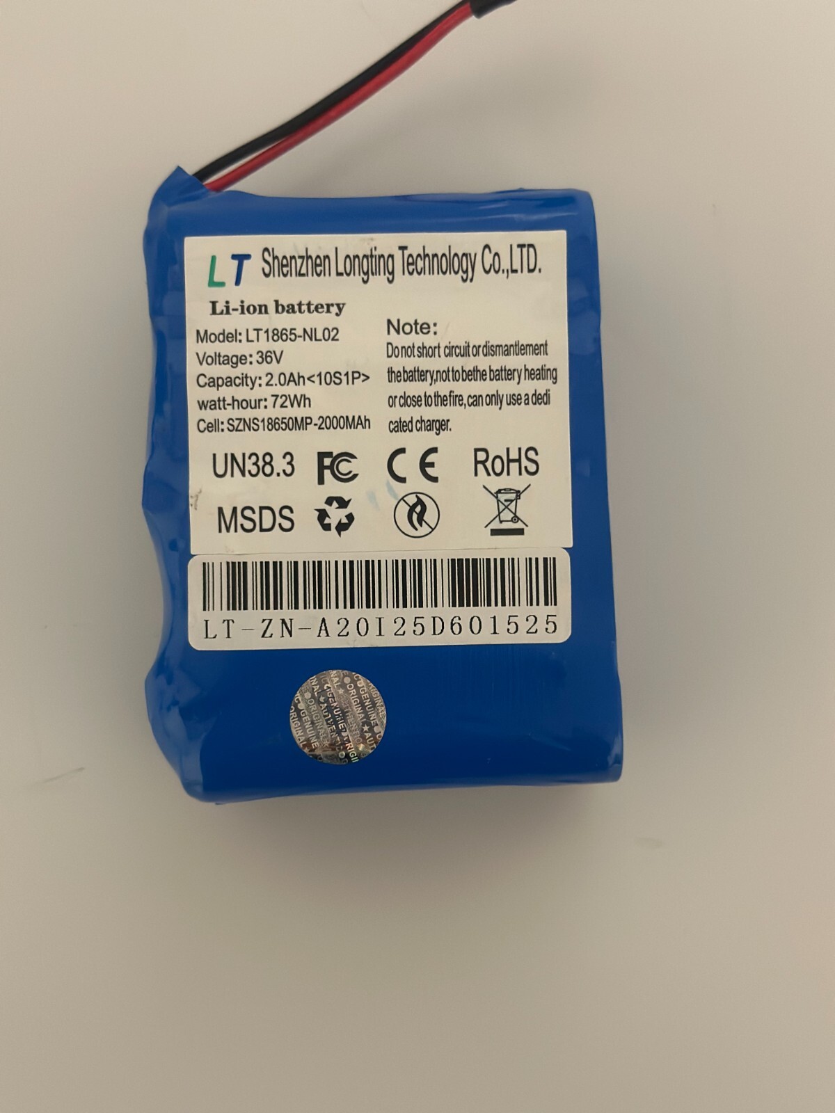 Hover-1 Drive Battery Replacement Shenzhen Longting LT1865-NL02 36V 2.0 Ah 72Wh