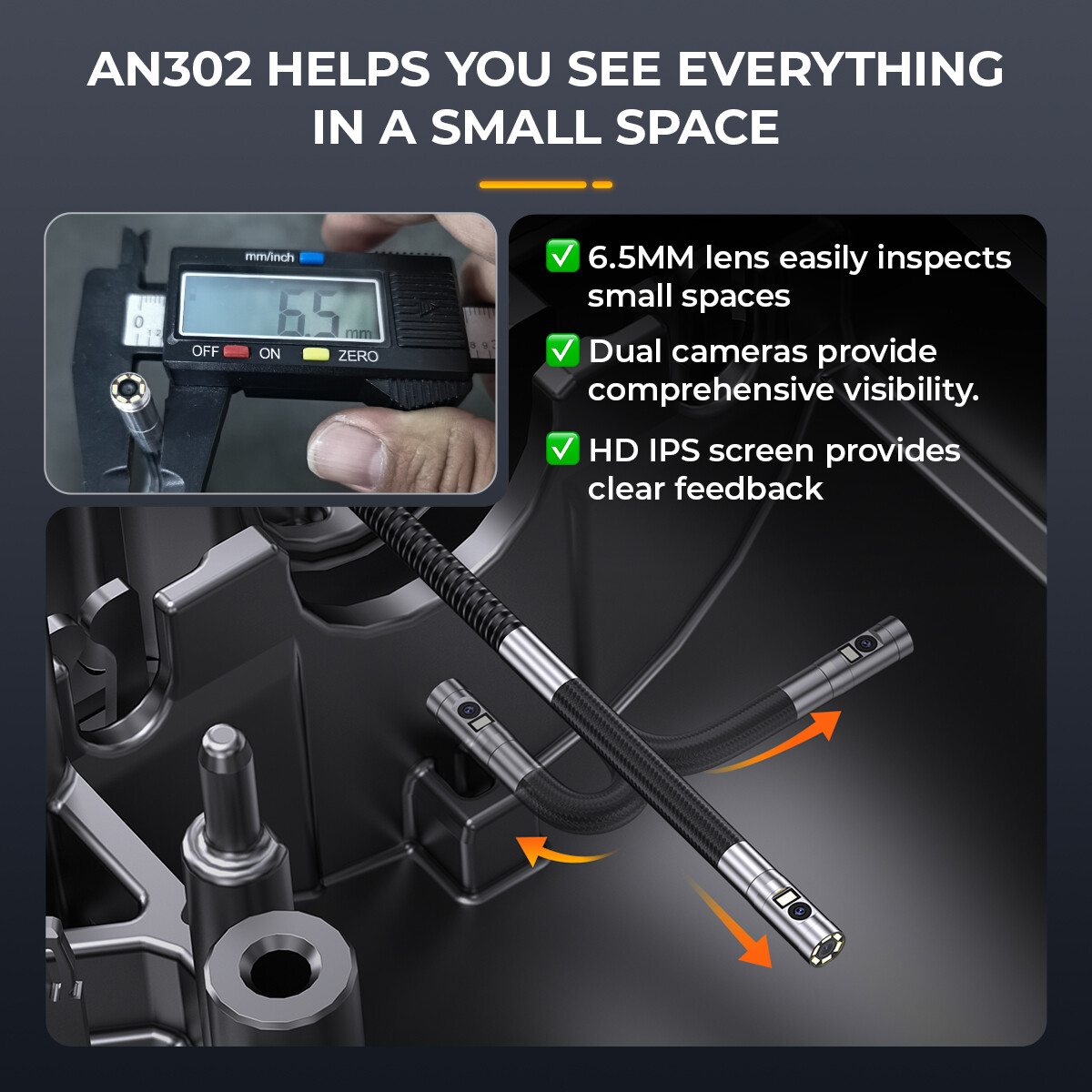 ANCEL AN302 6.5mm Two-Way Articulating Borescope Endoscope Camera for Inspection