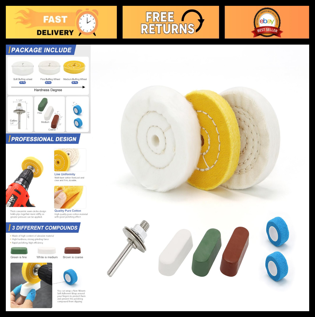 3" Buffing Polishing Wheel Set, 1/4" Shank, Soft/Fine/Medium, 3pcs + 7.4oz Compo