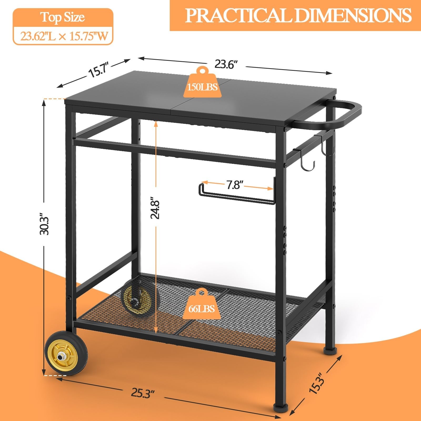 2-Tier Outdoor Grill Table with Wheels, Movable BBQ Prep Station, Rust-Resistant