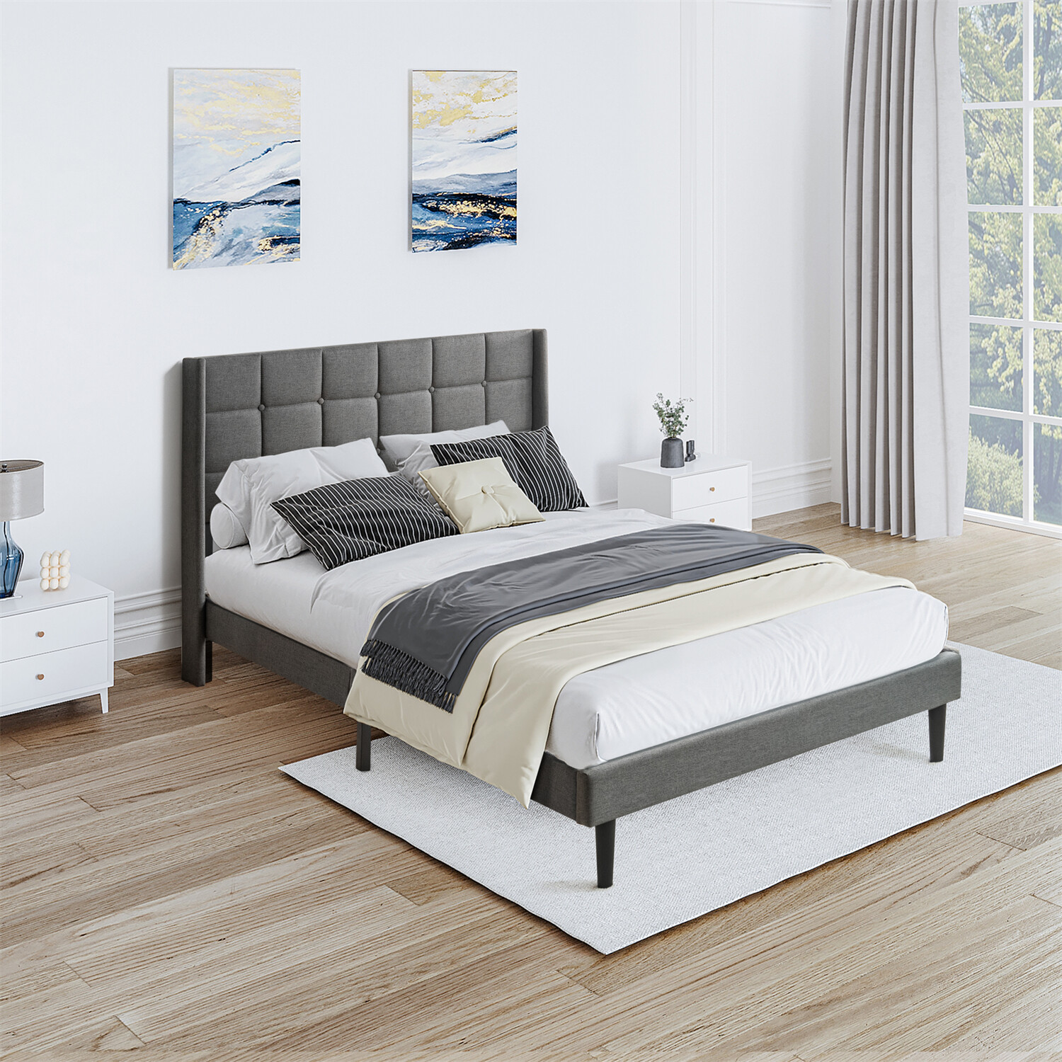 Queen Size Bed Frame Upholstered Platform Bed Frame w/ Headboard Drak Grey New