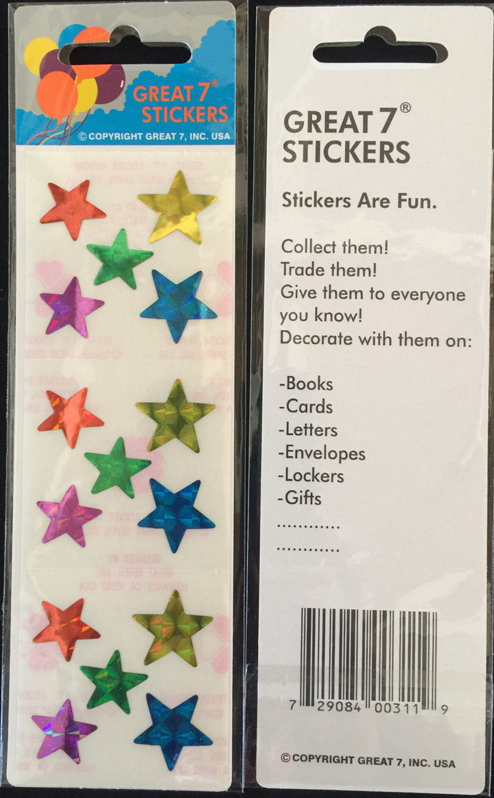 12 packages of Prismatic Star Stickers, "Great 7" Sticker Designs, PPZ6007