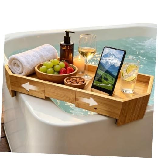 Bamboo Hot Tub Tray with Extendable Length & 360° Phone Holder, Non-Slip Hot