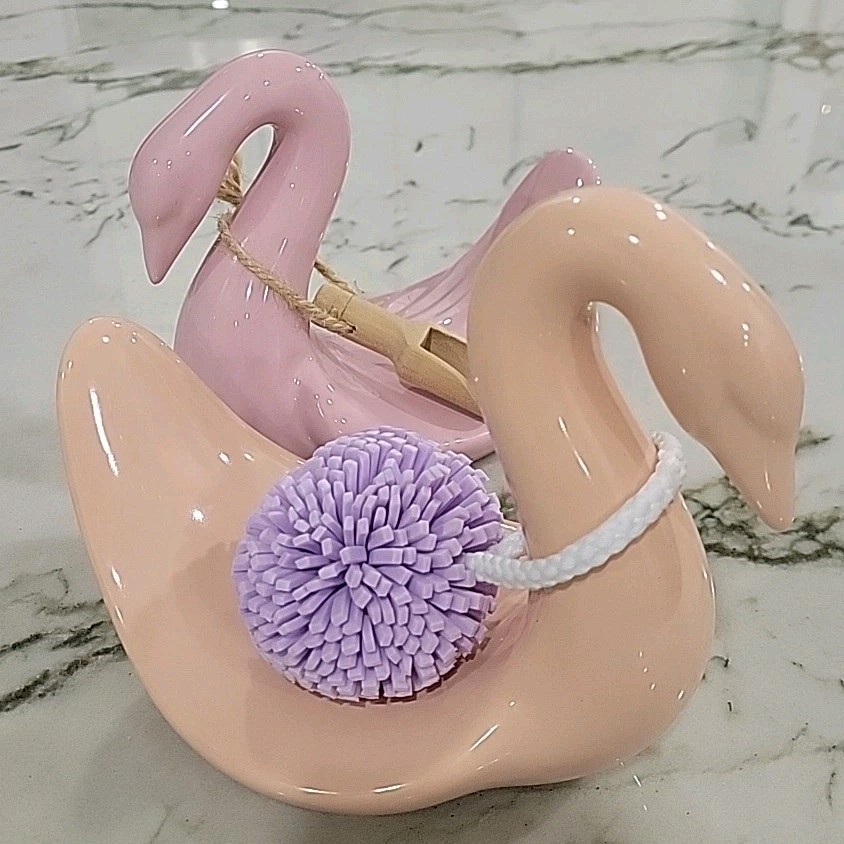 2-Vintage Ceramic Swan Hand Towel Wash Cloth Holder Peach& Pink Bathroom Decor.