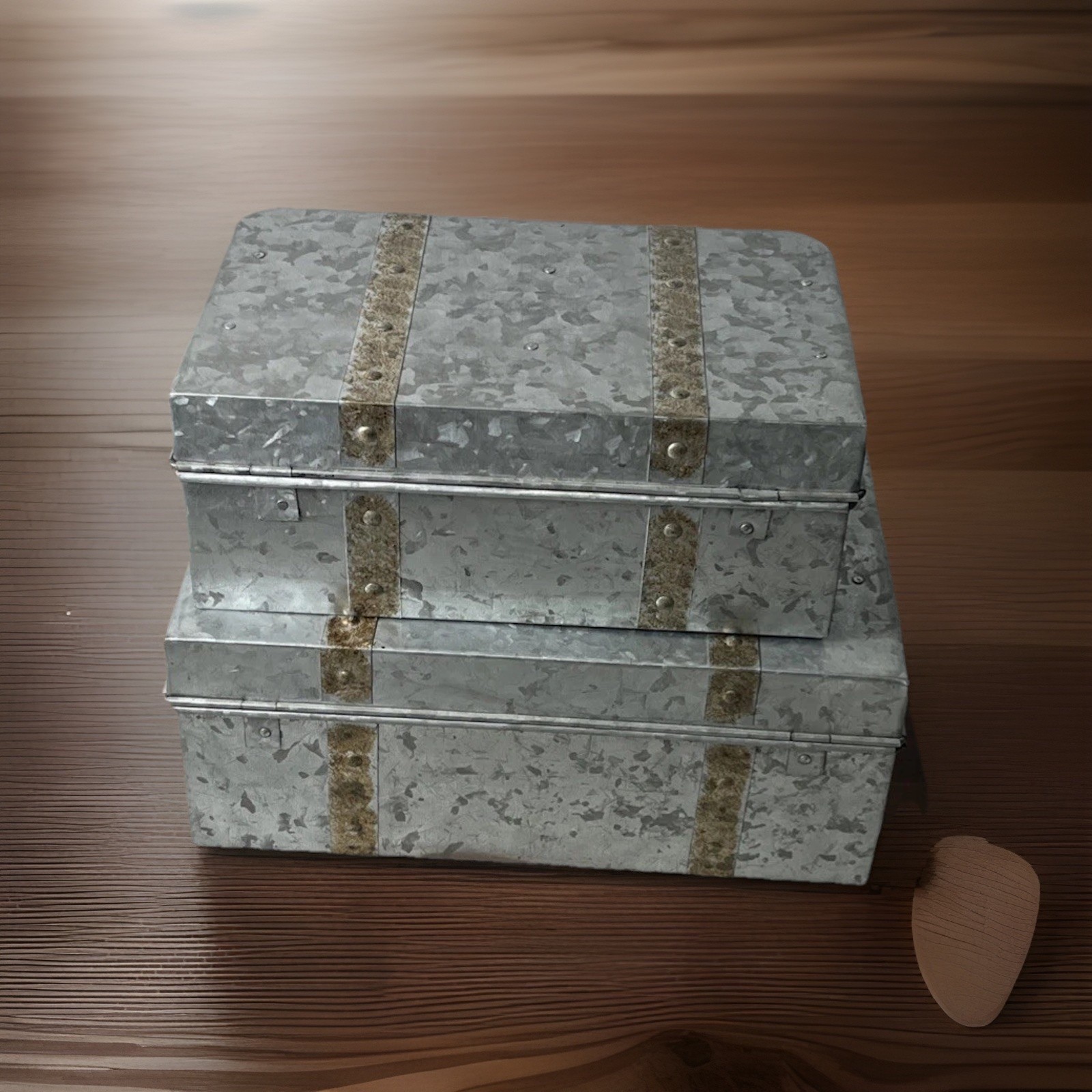 Galvanized 2pc Nesting Trunk Suitcase Lot Lockable Farm House Cottage Decor