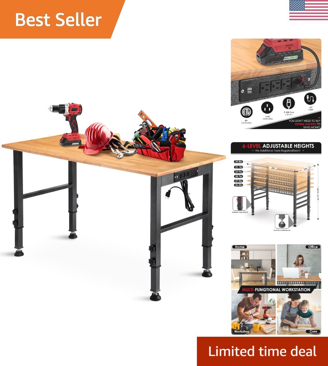 48" Adjustable Heavy-Duty Workbench with Power Outlet for Crafts & Workshops