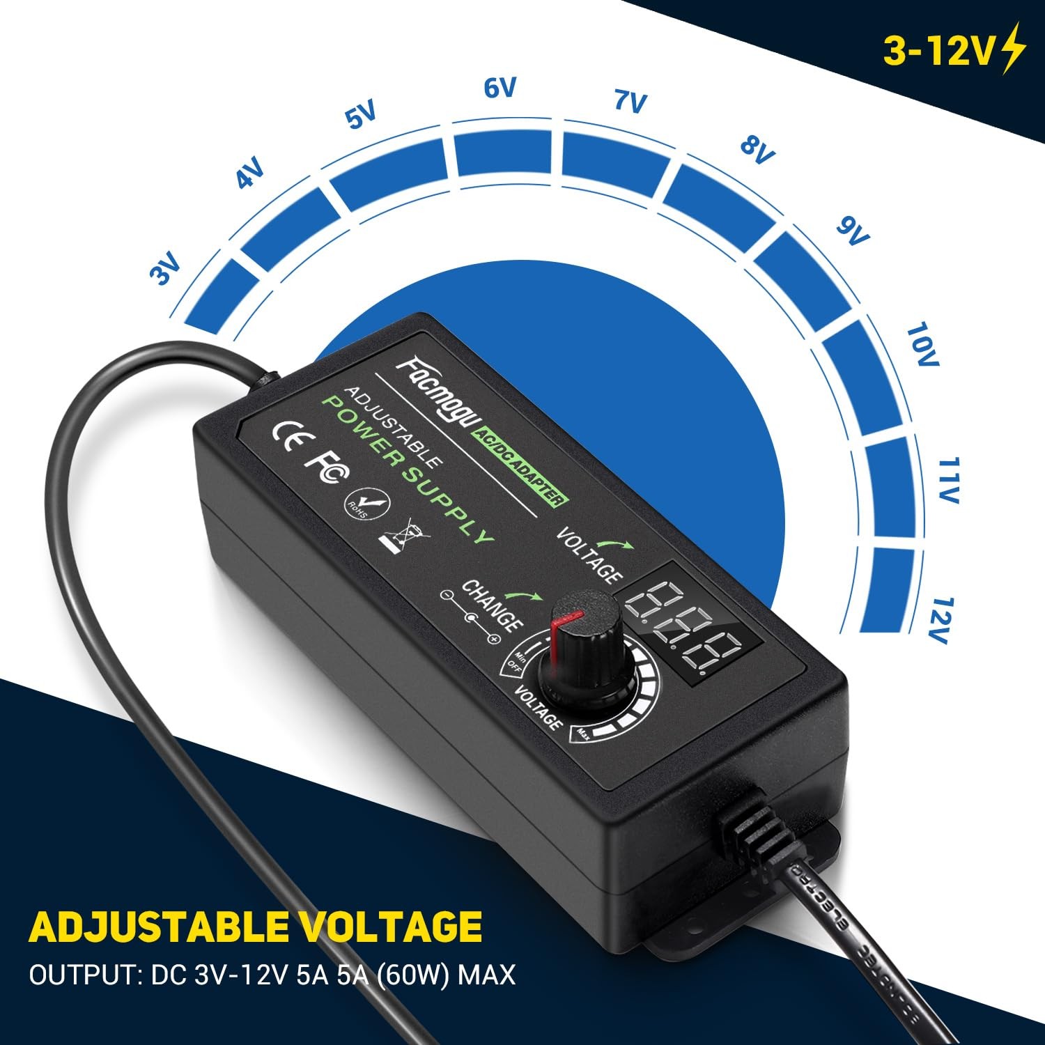 3V-12V 5A 60W Adjustable Power Supply with LED Display Variable DC 3V 5V 6V