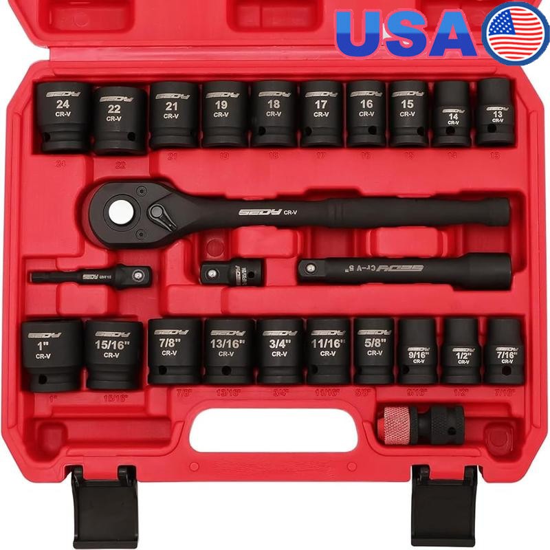 25Pcs 1/2" Drive Socket Wrench Set SAE Metric Impact Tools W/ Storage Box New