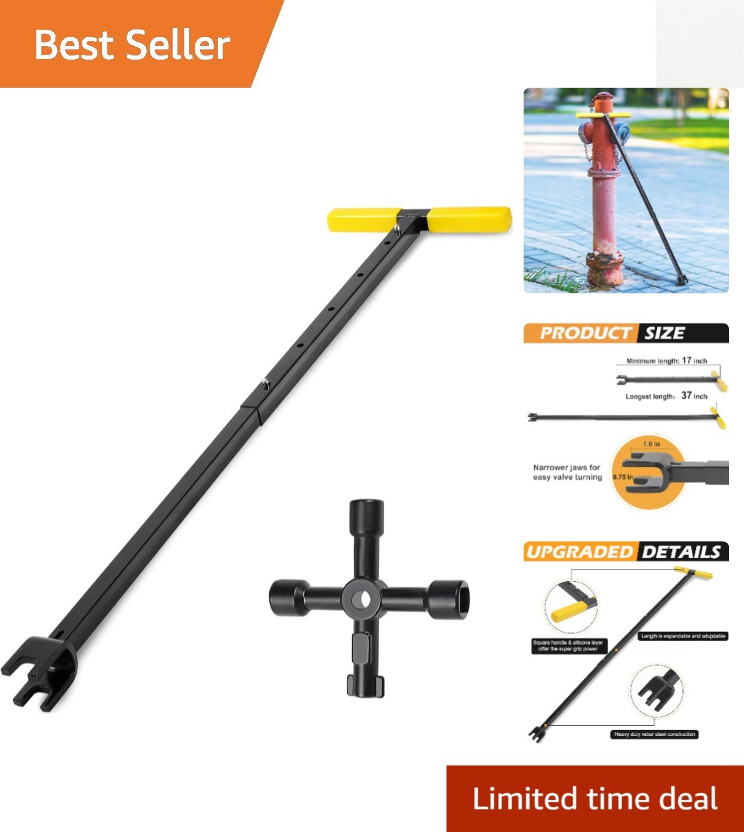 37-Inch Adjustable Water Meter Key with 4-Way Utility Tool for Easy Control