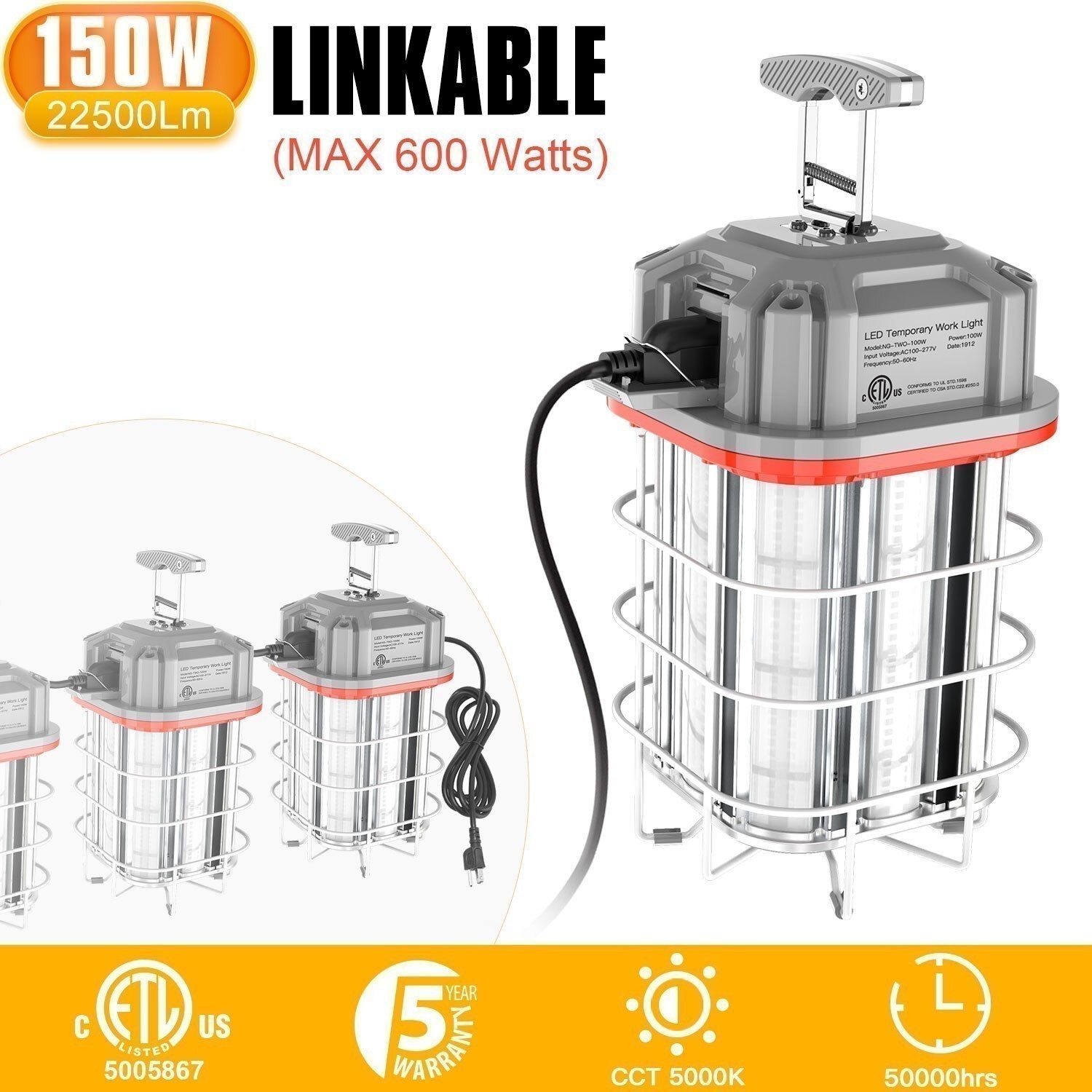 Industrial LED Temporary Work Light 150 Watt Linkable Work Lamp 22500LM Portable