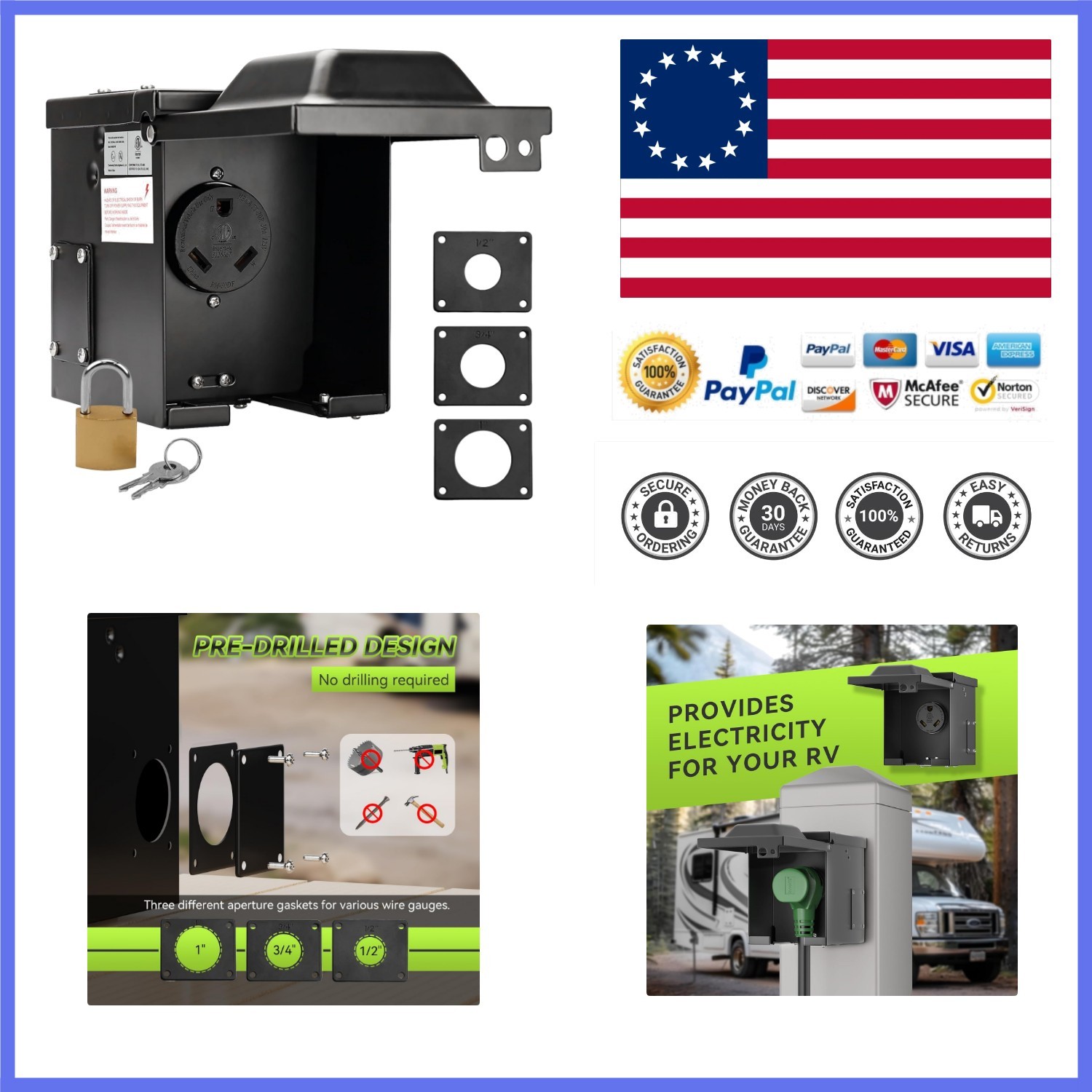 30 Amp 125/250V RV Power Outlet Box, NEMA TT-30R Receptacle | Waterproof Lock...