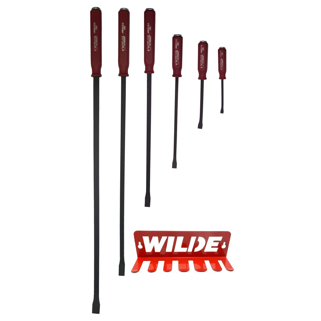 Wilde Tool USA HPB7/DB 7 Piece Hard Cap Handle Pry Bar Set w/ Steel Storage Rack