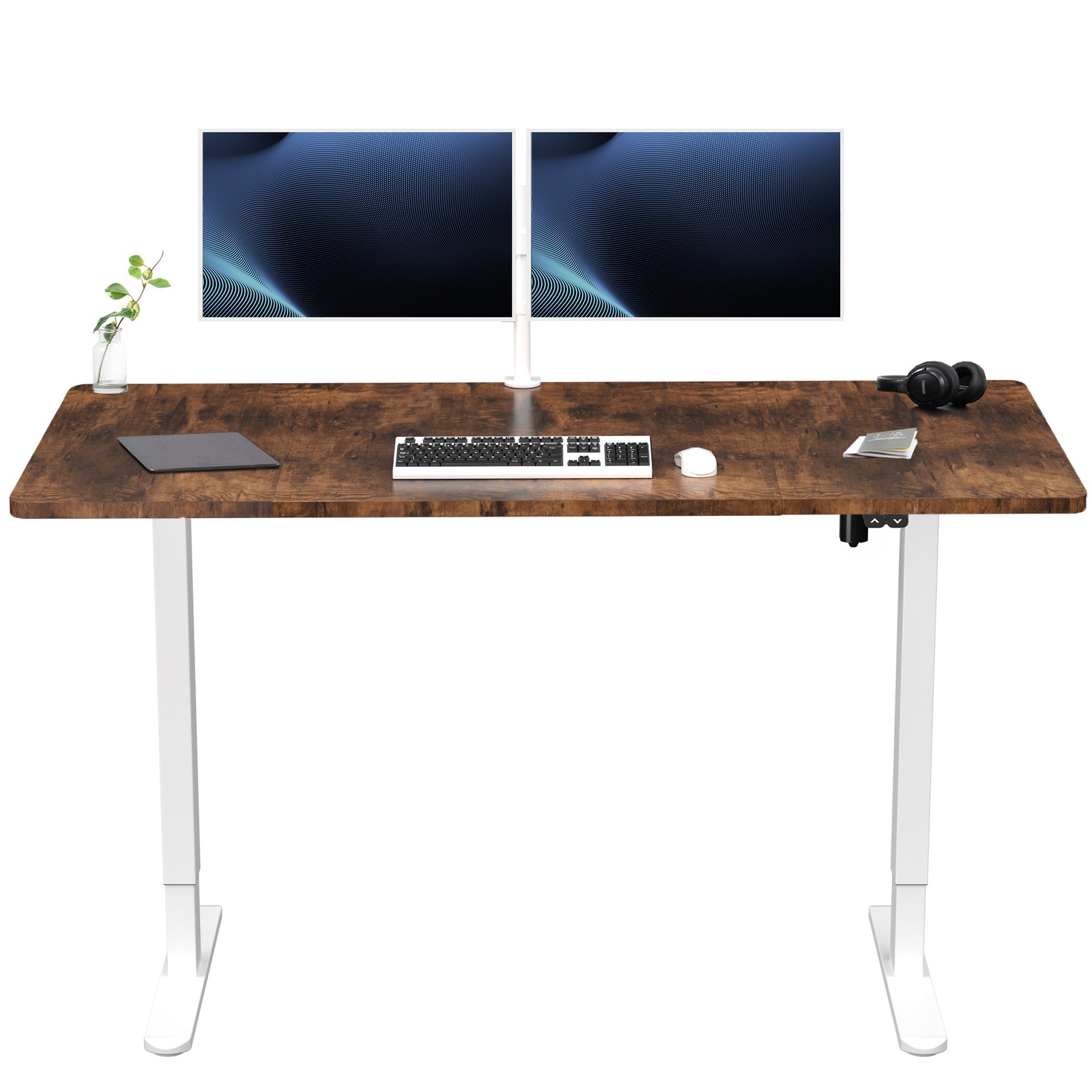 VIVO Electric 60” x 30” Stand Up Desk, Vintage Brown Table Top, White Frame