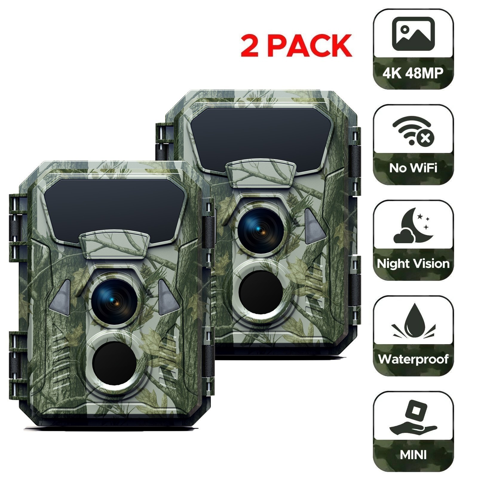 2Pcs Trail Camera 4K 48MP Wildlife Hunting Game Camera 120°Wide Angle PIR Night