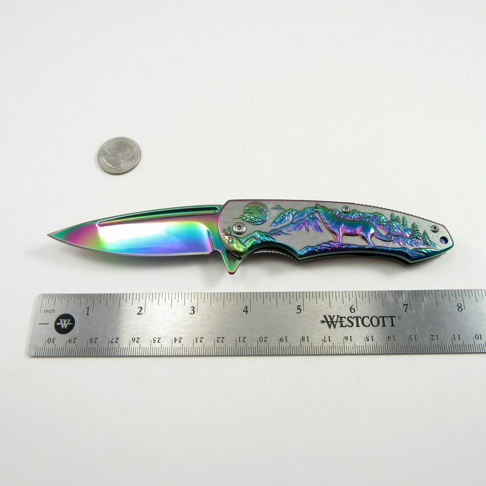 SPRING-ASSIST FOLDING POCKET KNIFE | Rainbow Blade Howling Wolf Tactical Hunter