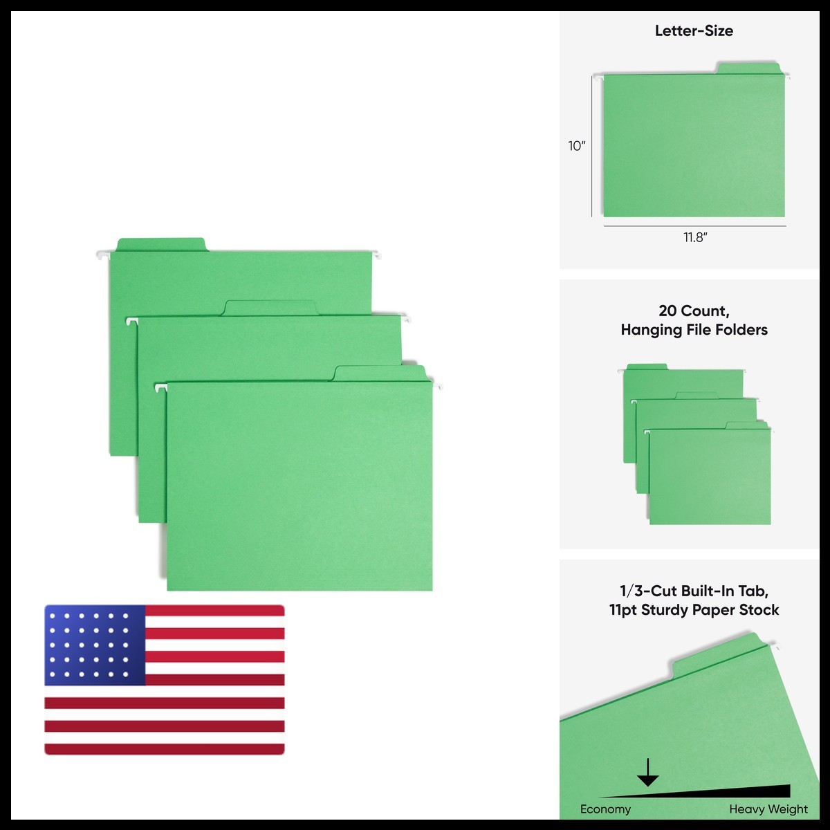 Smead FasTab Hanging File Folder 1/3-Cut Letter Size Green 20 Count (64098)