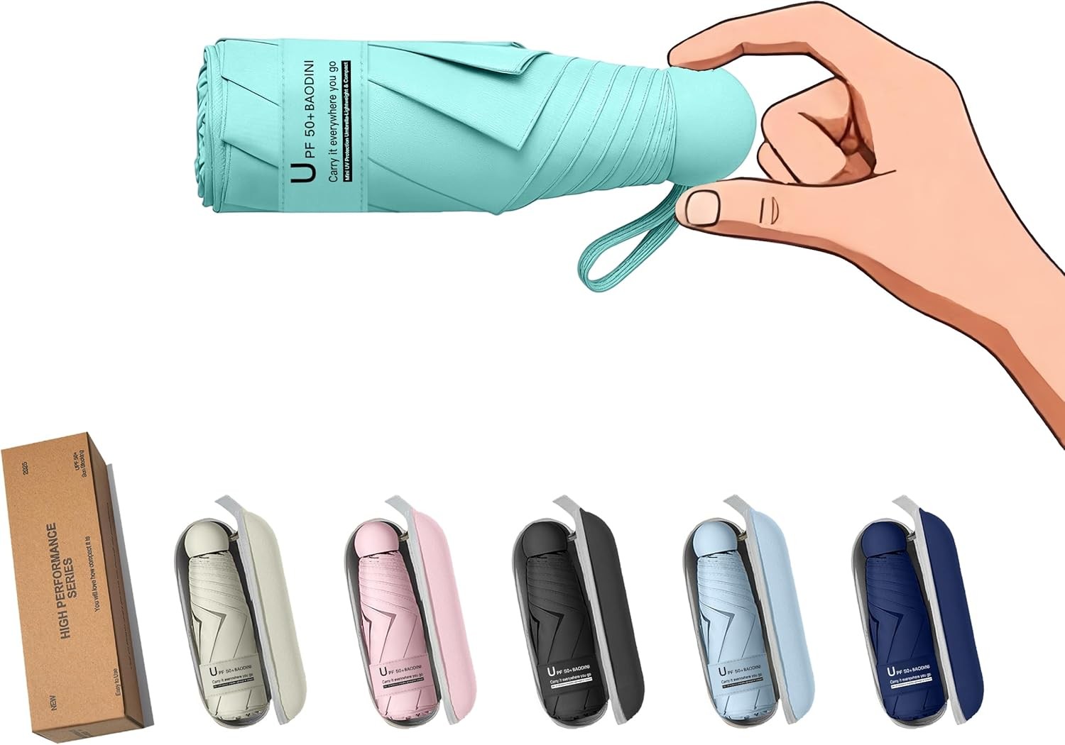 BAODINI Travel Essentials Mini Umbrella for Purse With Case Small Compact UV Sun