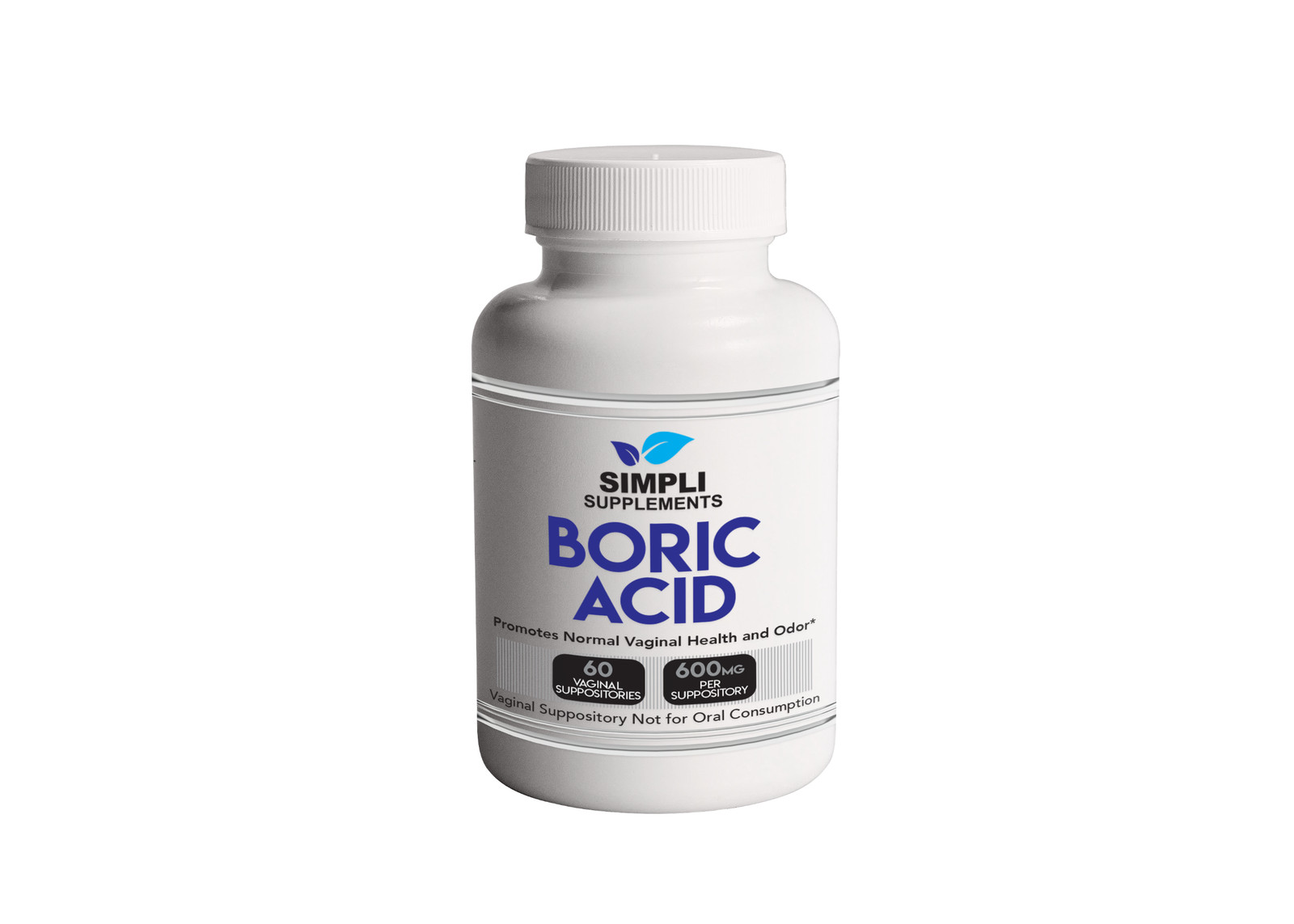 Boric Vaginal Suppositories -  60 Count (600mg)  - By Simpli Supplements