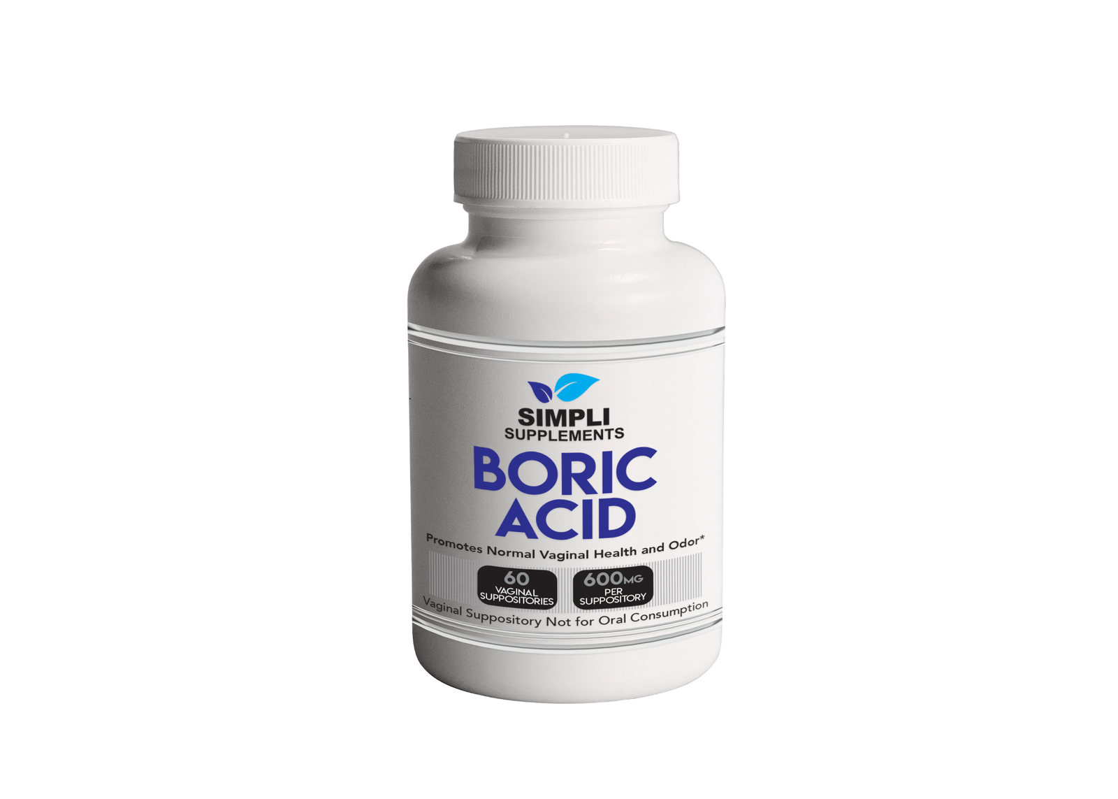 Boric Vaginal Suppositories - 60 Count (600mg) - By Simpli Supplements