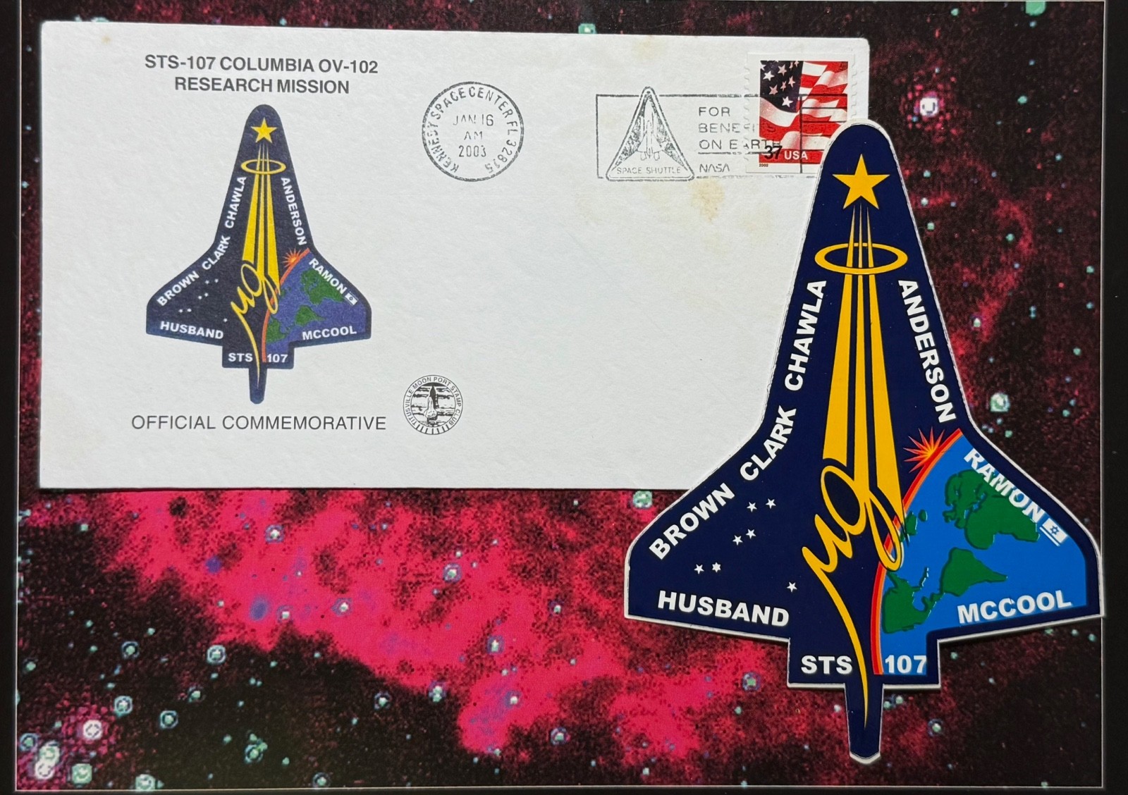 STS-107 COMMEMORATIVE POSTAL COVER & MISSION DECAL STICKER