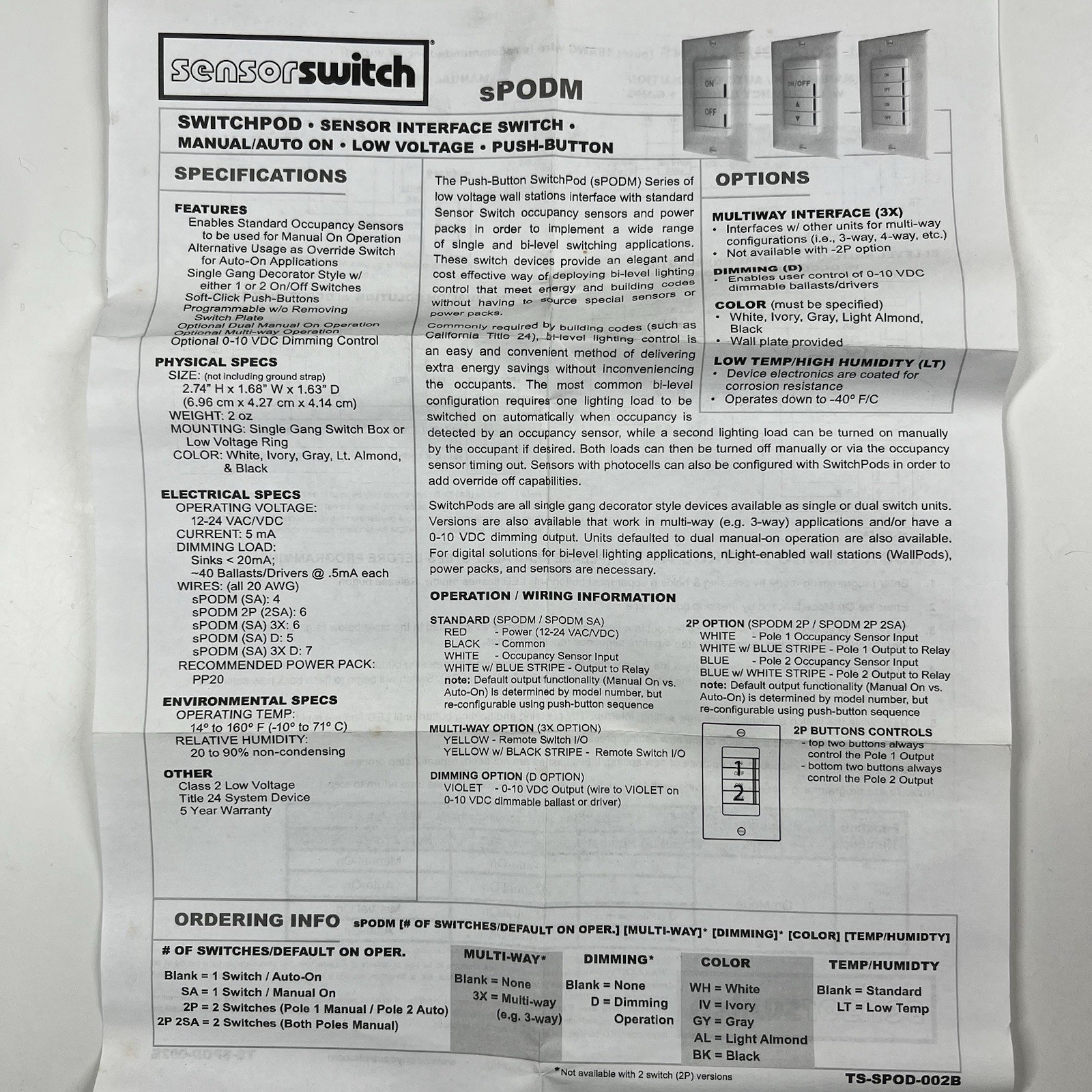 Acuity Controls Sensor Switch SPODM 2P 2SA AL Switchpod Interface Wall Station