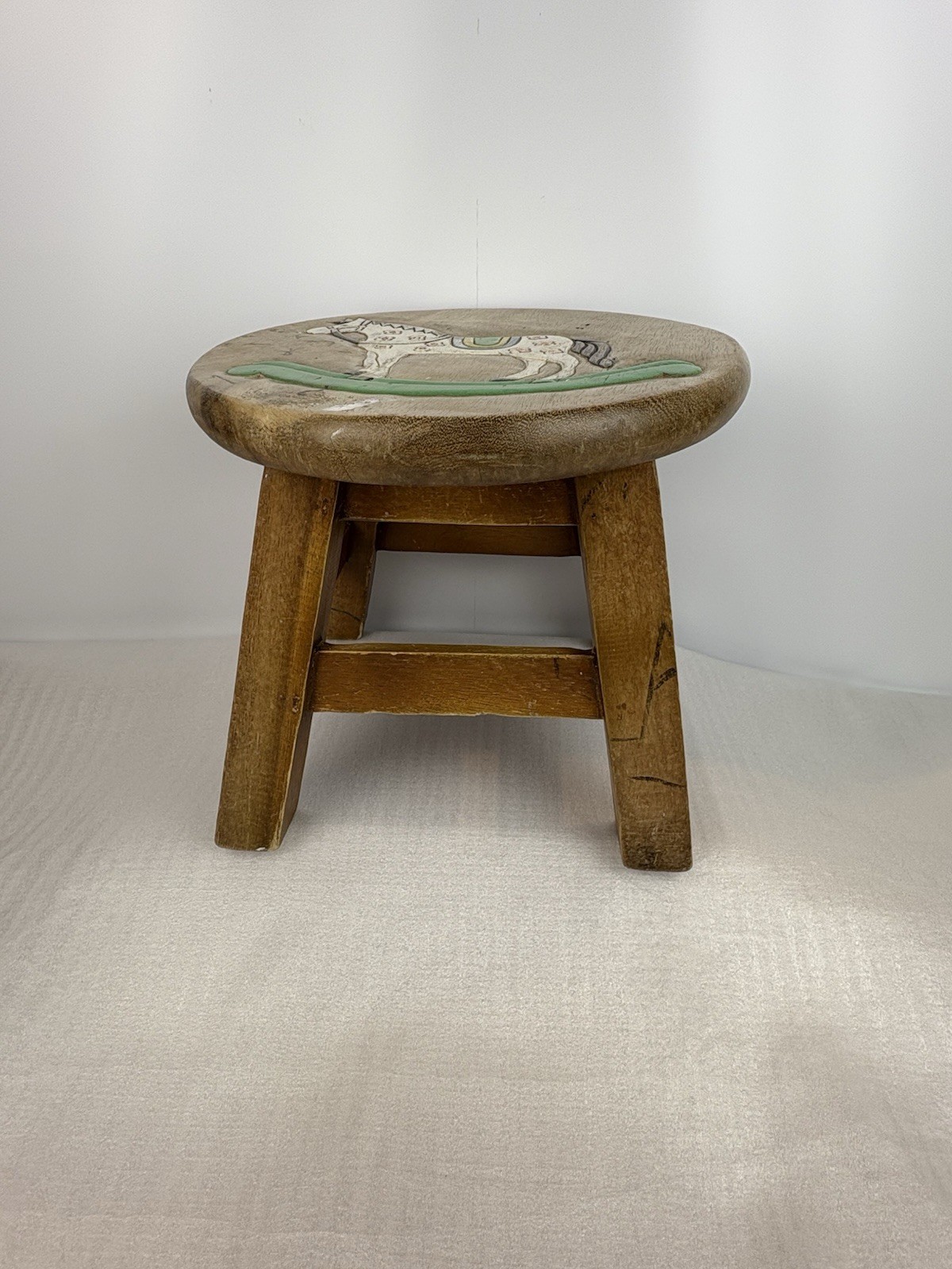 Vintage Childs' Illustrated Wooden Four Legged Stool - Green Rocking Horse