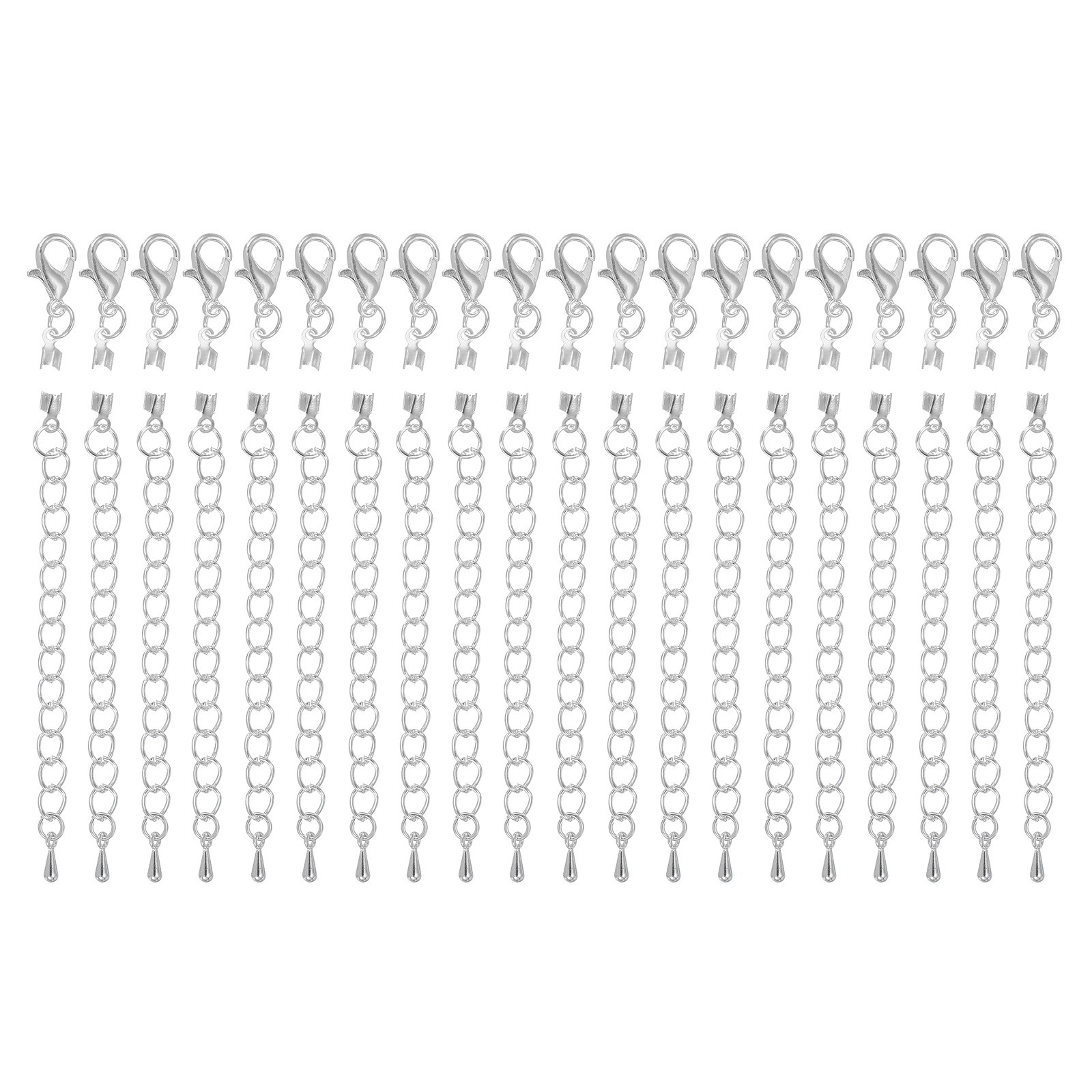 20Sets 2.5mm Fold Over Cord Ends with Clasps and Extension Chain, Silver