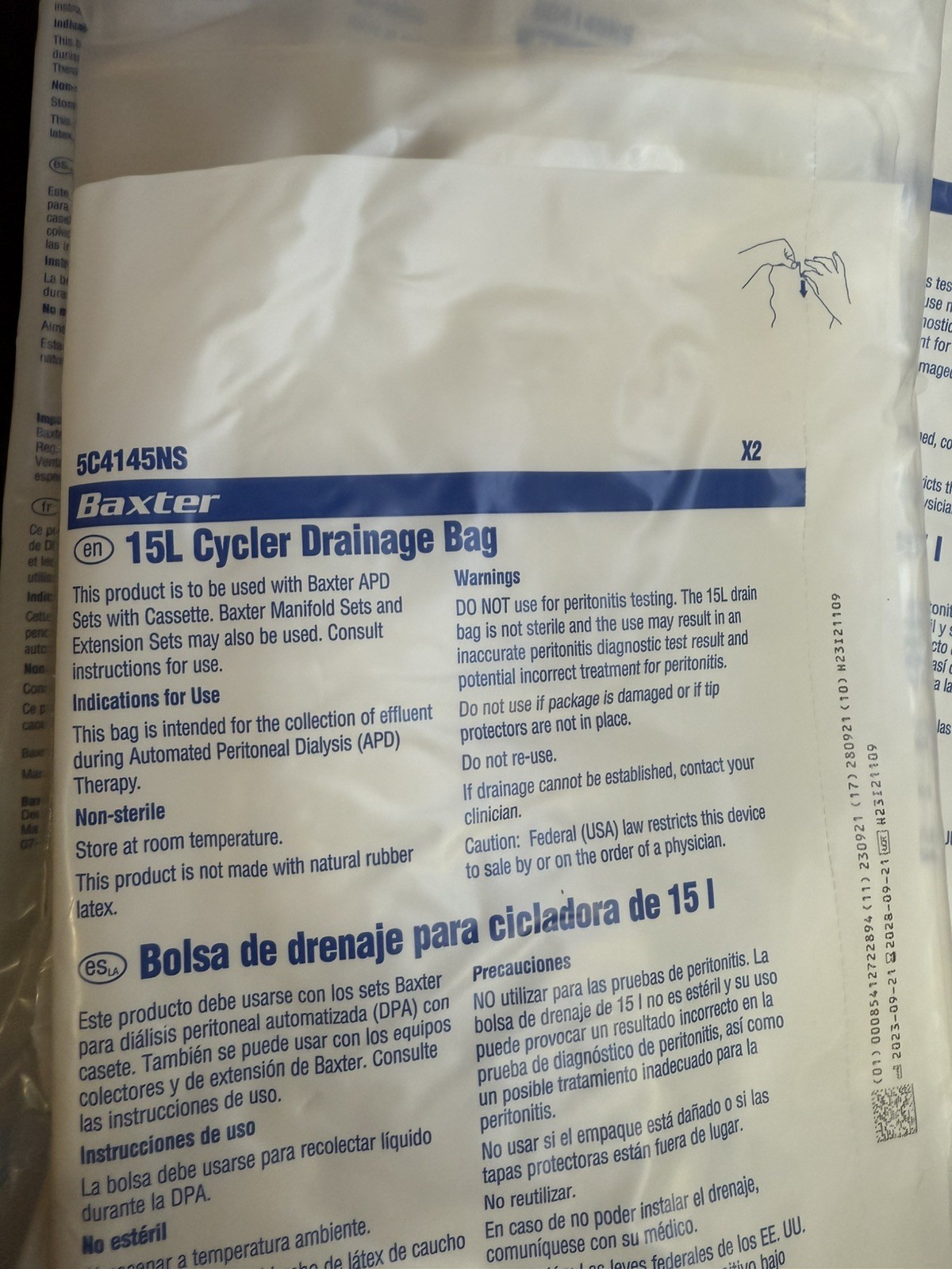 5 - 5C4145NS BAXTER  15L CYCLER DRAINAGE BAG -2 PER BAG - TOTAL 10 BAGS Dialysis
