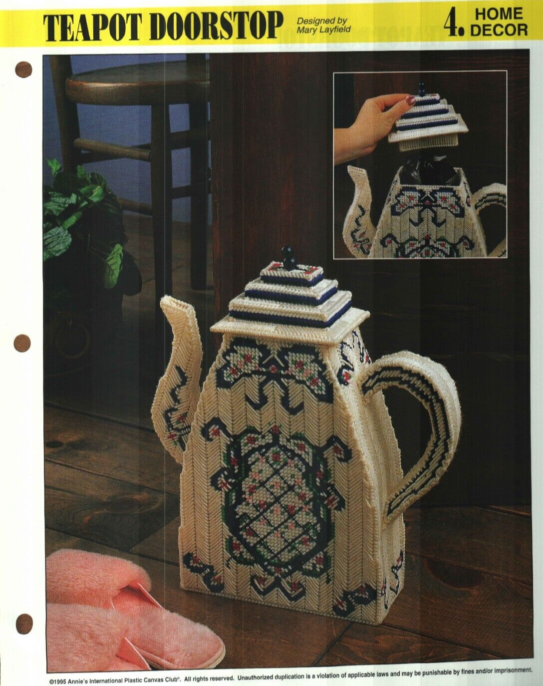 NEW TEAPOT DOORSTOP HOME DECOR ANNIE'S PLASTIC CANVAS PATTERN INSTRUCTIONS