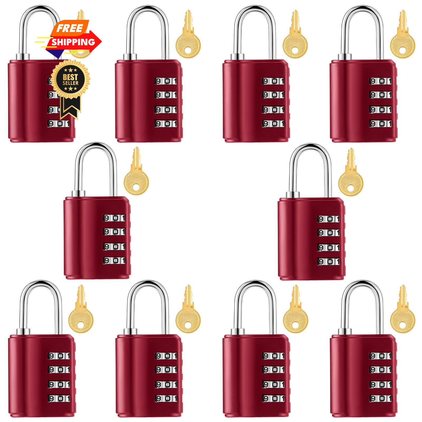 Kenning 10 Pcs Combination Padlock 4 Digit Lock with Keys Red