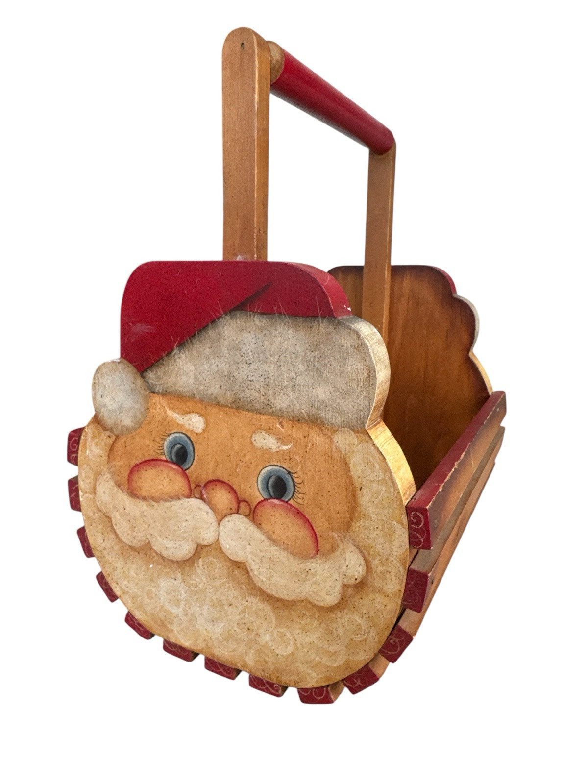 Vintage Hand Painted Hand Made Wood Tambour Basket Santa Christmas