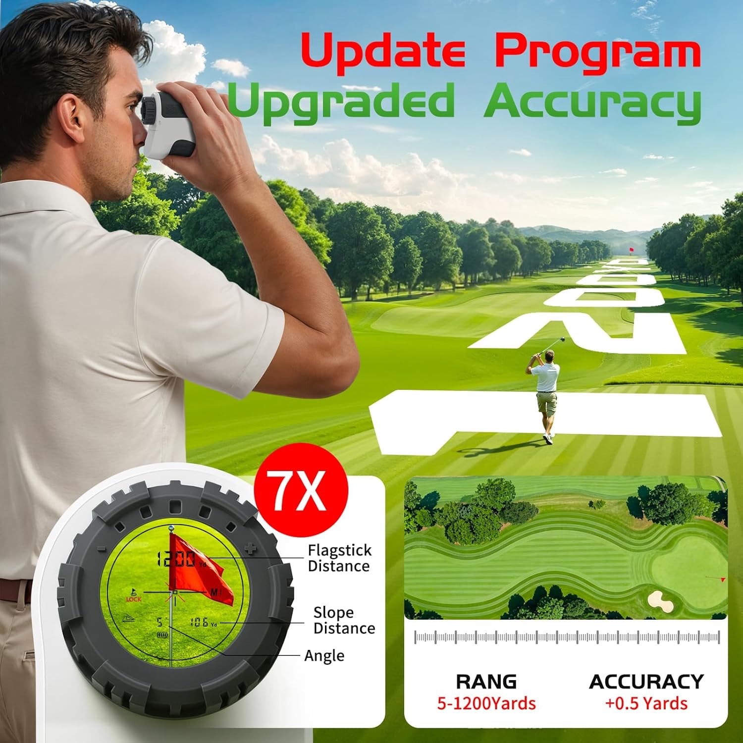 (NEW) Golf Range Finder with Slope, 1200 Yard Range, 7X Magnification, Flag Lock