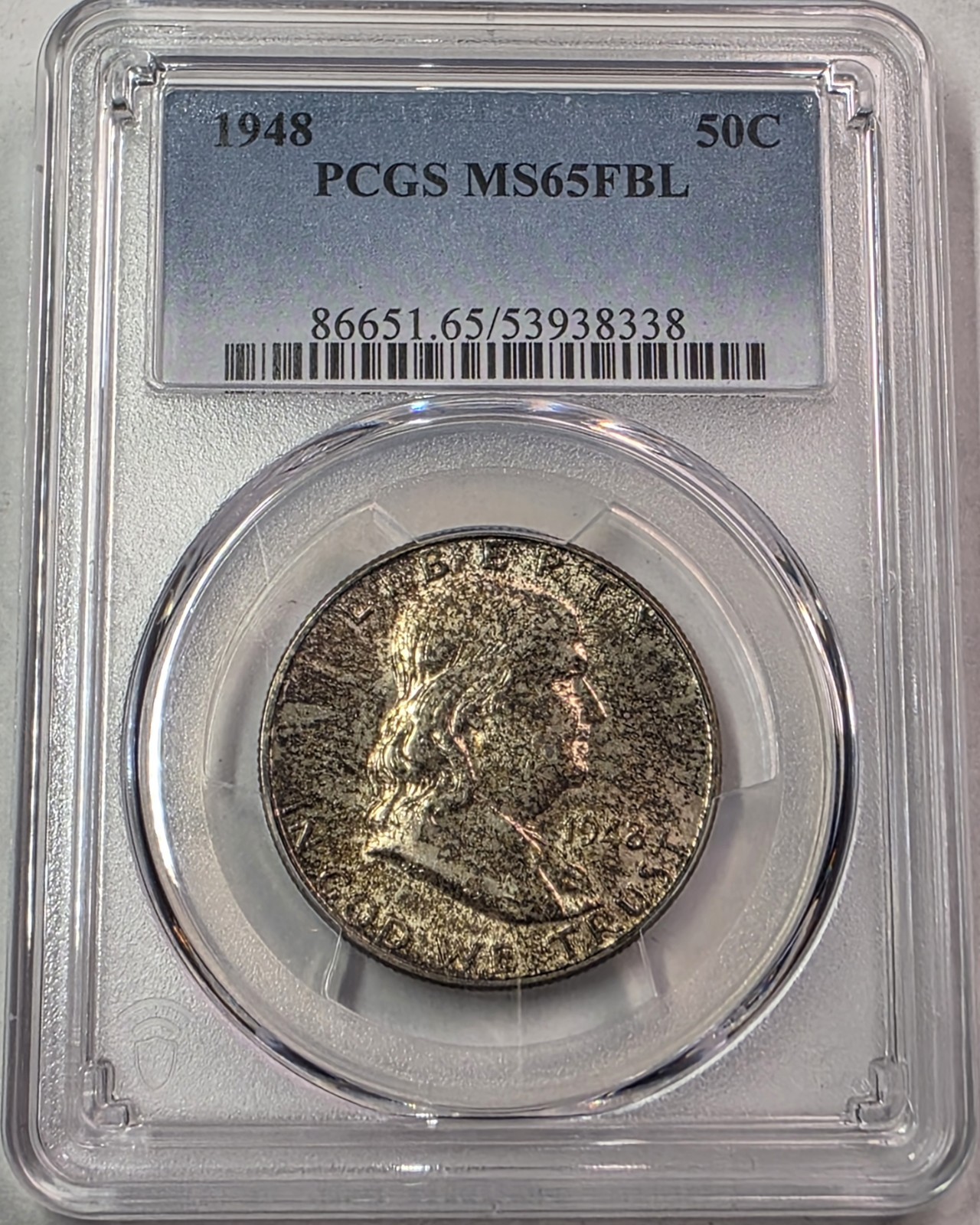 1948 P Franklin Silver Half Dollar PCGS Graded  MS65 FBL! Toned Full Bell Lines
