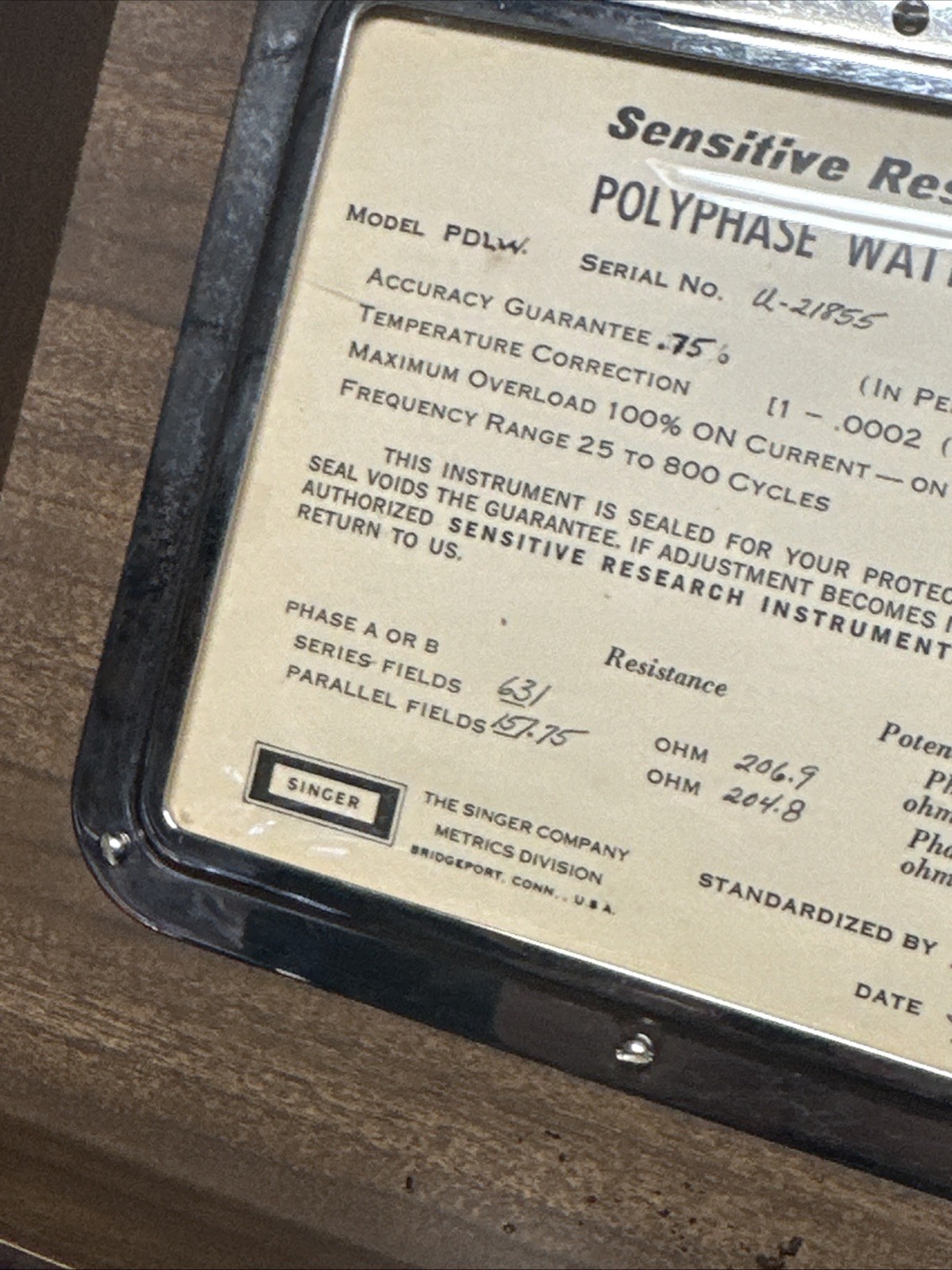 VINTAGE SENSITIVE RESEARCH SINGLE PHASE WATTMETER PDLW Nice !!
