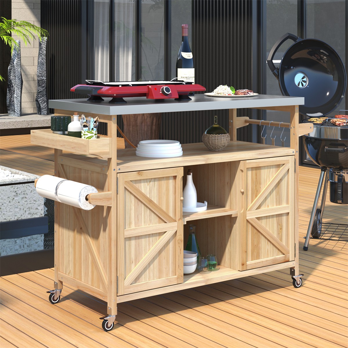 Wood Outdoor Kitchen Island Cart Rolling Bar Cabinet BBQ Grill Table Natural