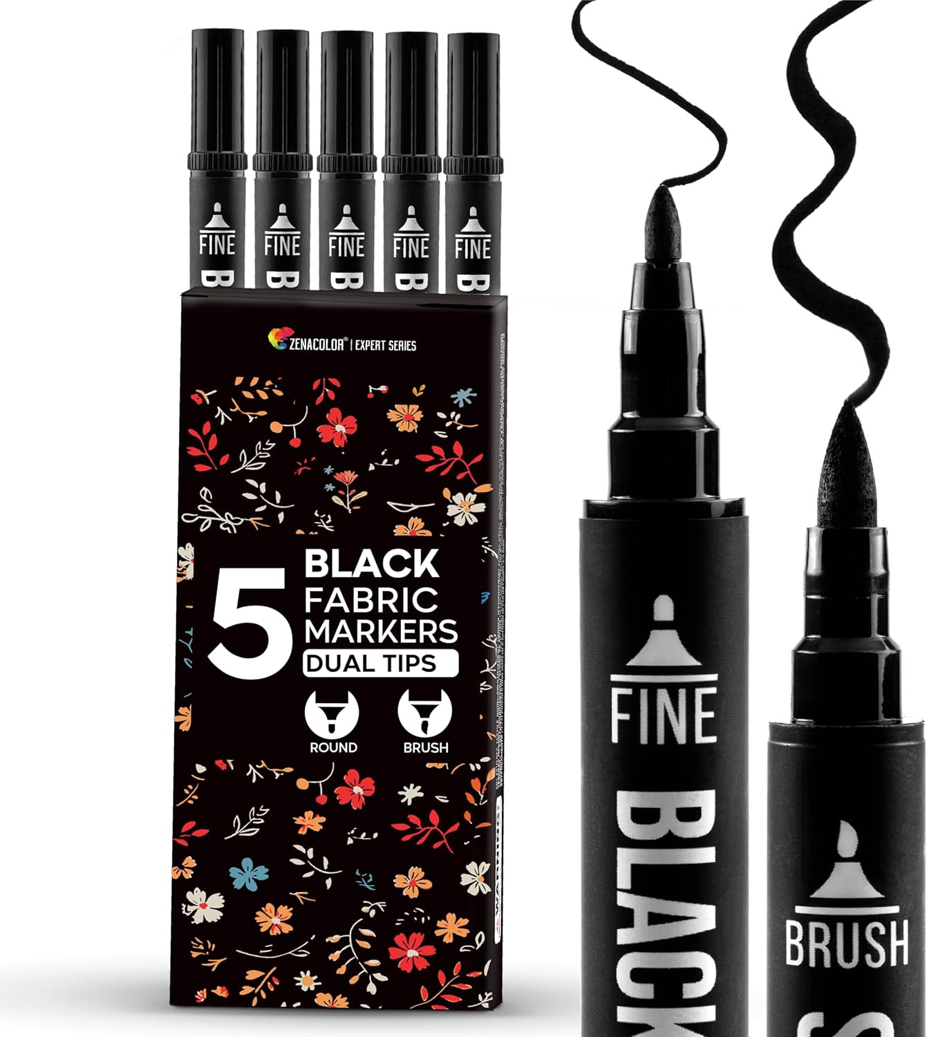Black Fabric Markers 5 Pack Dual Tip Permanent Clothes Paint Pen Canvas