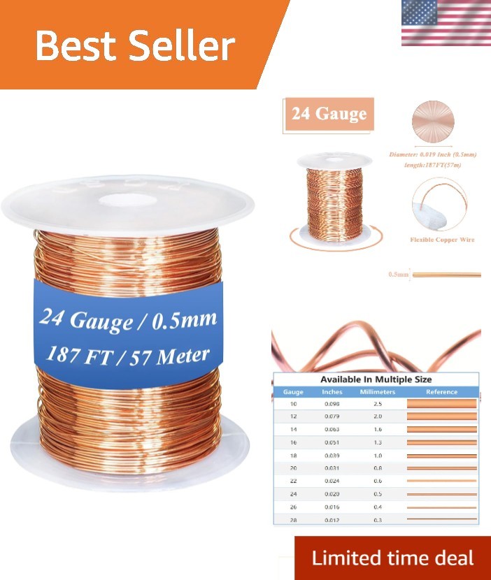 Copper Wire 99.98% Pure - 24 Gauge, 187FT, for Jewelry Making , Gardening, DIY