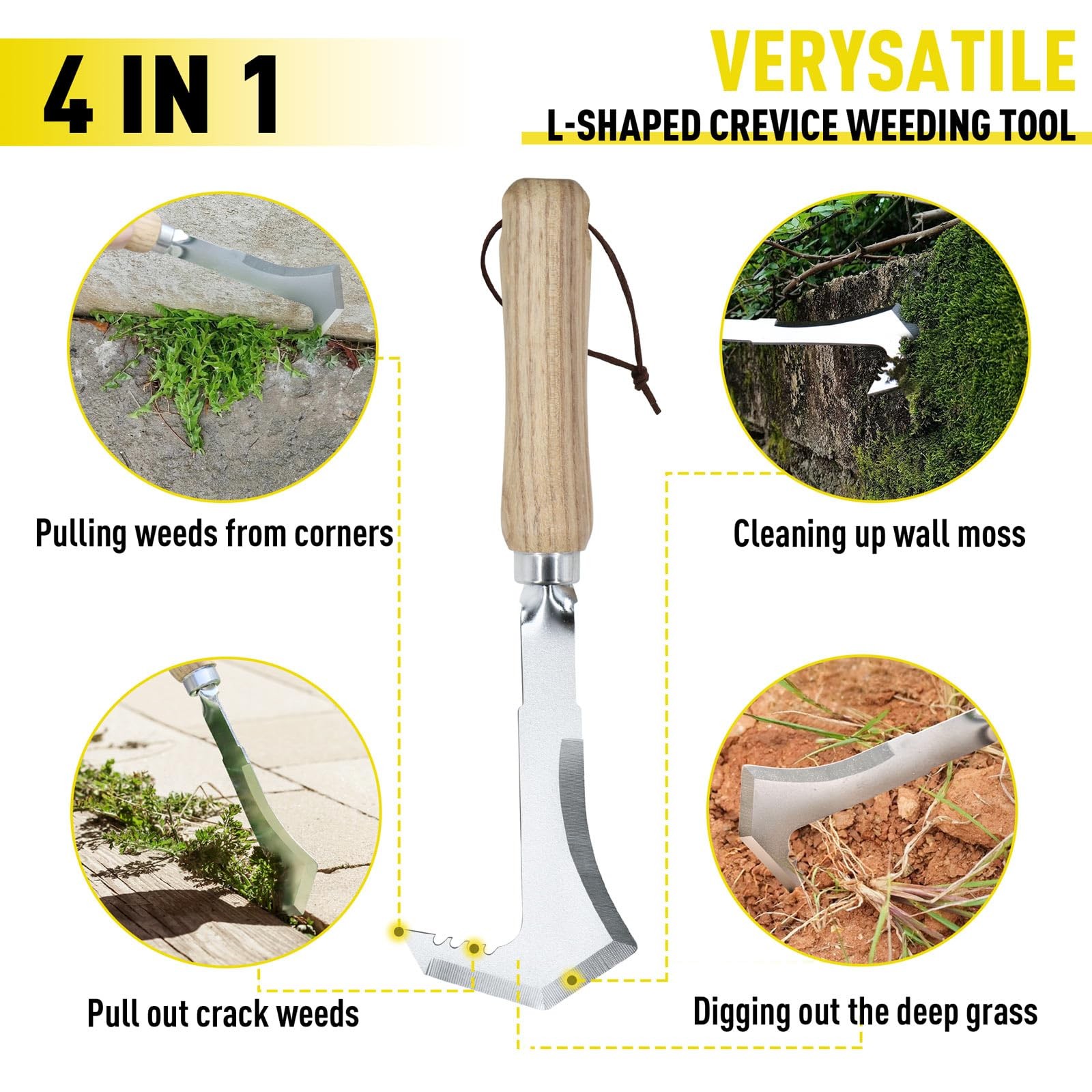Jardineer Weed Puller Tools Set, 3 Pack Hand Crack Weeder, Stainless wooden