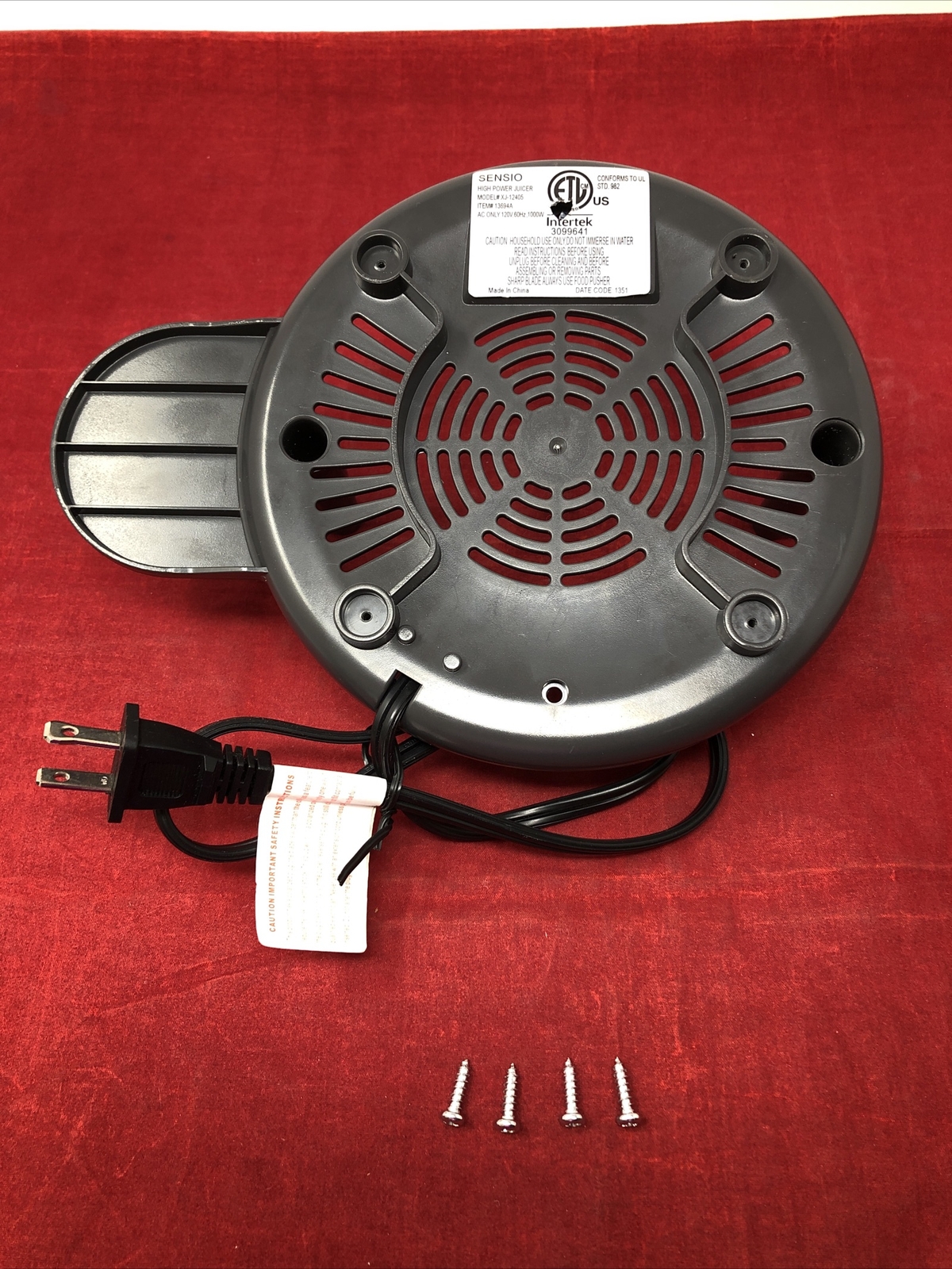 Bella Juicer Replacement Parts Sensio Model #XJ-12405 Bottom Cap Enclosure+Screw
