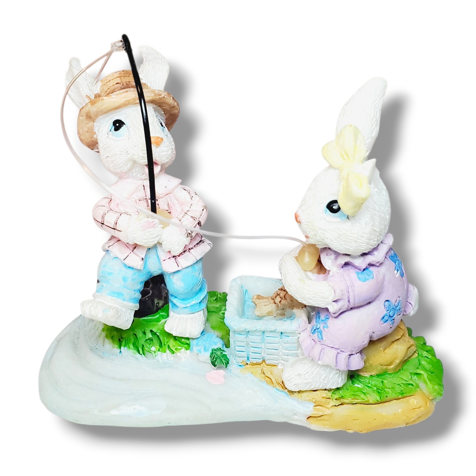 Fishing Rabbit Bunny Couple Easter Resin Figurine