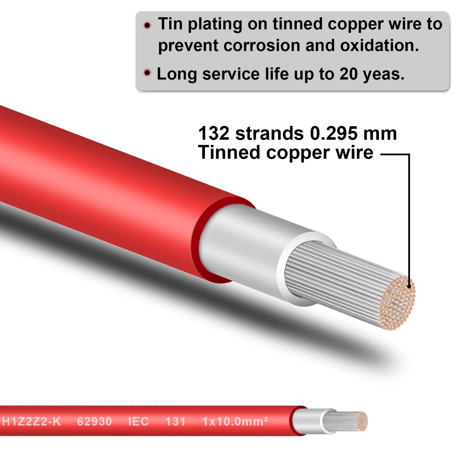 8AWG (10mm²) Tinned Copper PV Extension Cable - Solar Panel Connection Wire